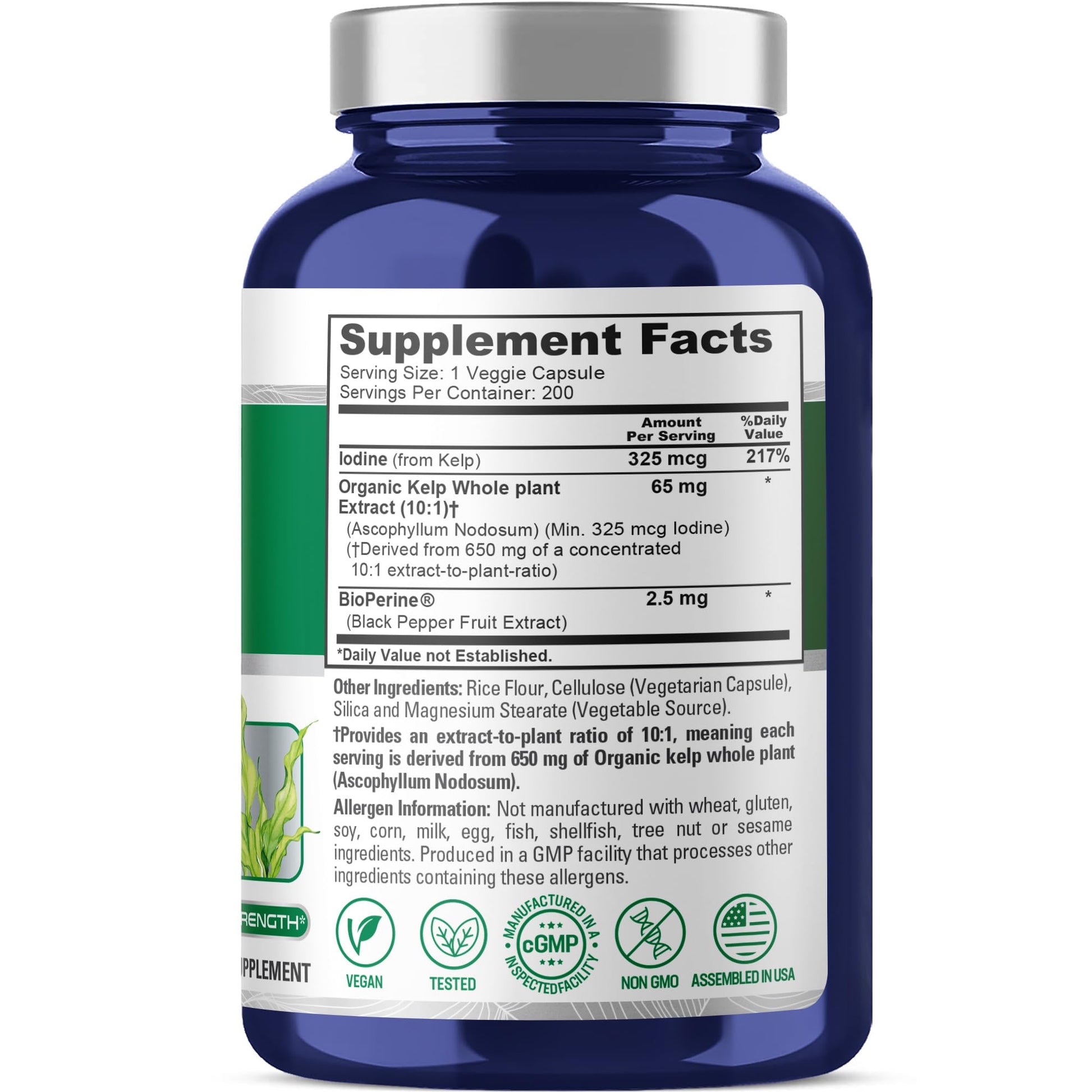 NusaPure Sea Kelp Natural Iodine 325mcg 10:1 Extract, 65 mg Equivalent to 650 mg Capsule 200 Count (Non-GMO, Vegan) NusaPureAu supplements