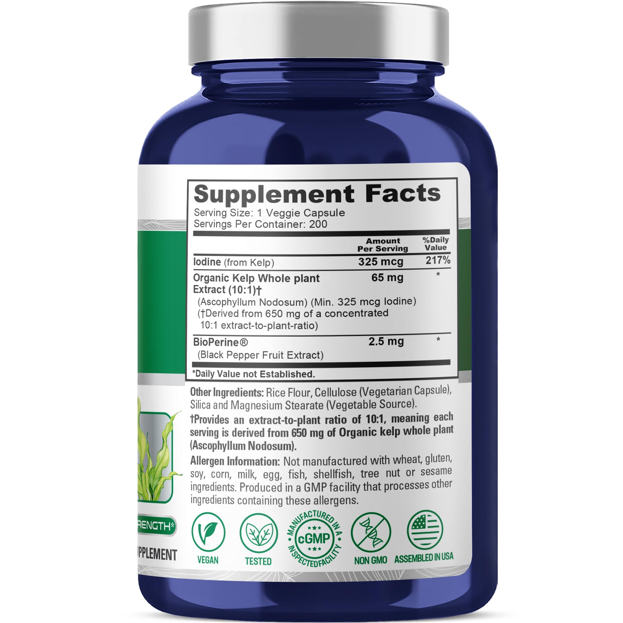 NusaPure Sea Kelp Natural Iodine 325mcg 10:1 Extract, 65 mg Equivalent to 650 mg Capsule 200 Count (Non-GMO, Vegan) NusaPureAu supplements