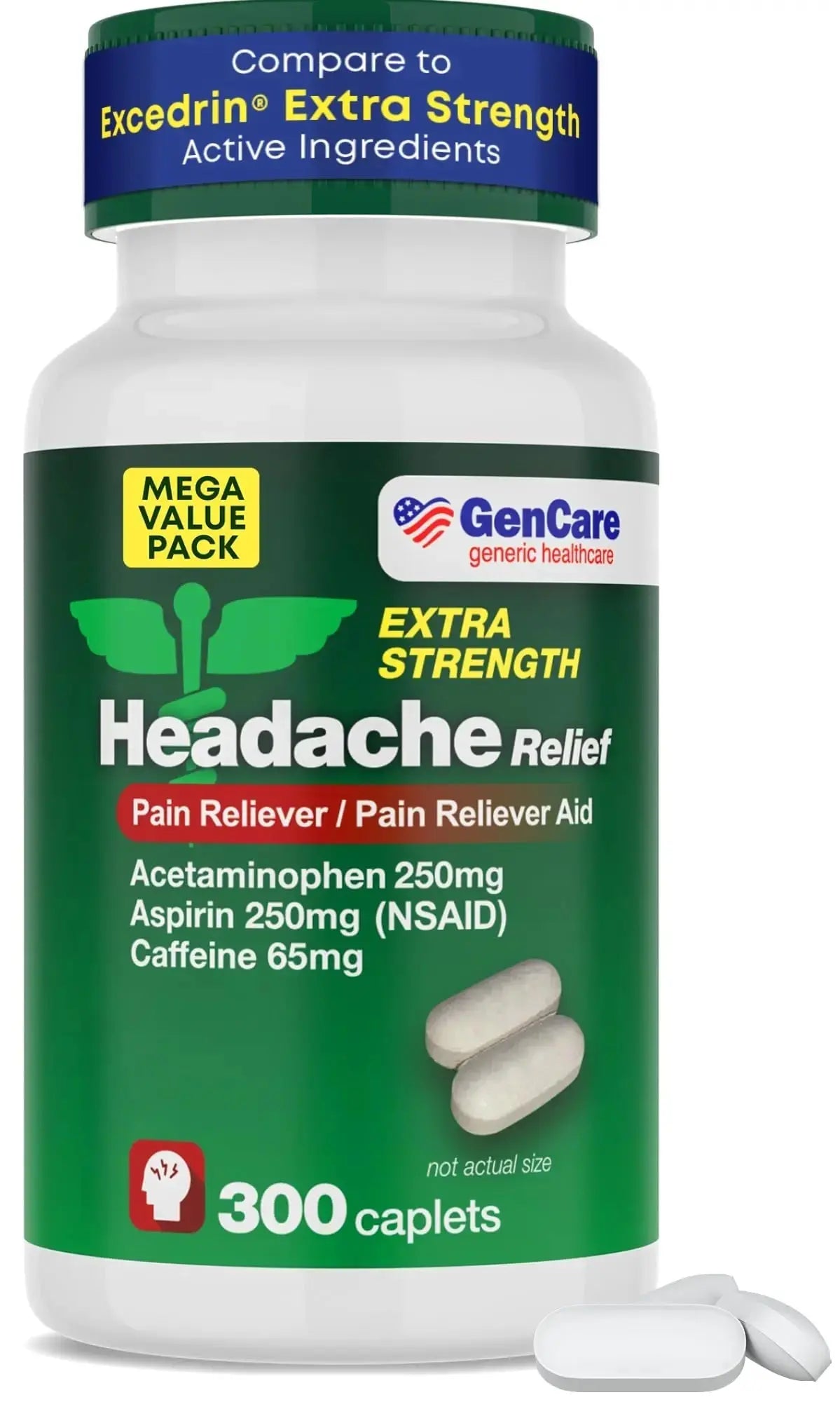GenCare - Headache Relief Acetaminophen with Aspirin (NSAID) & Caffeine (300 Caplets) Value Pack | Head Pain, Muscle Aches, Back Pain & Body | Generic ExcedrEn Extra Strength GenCareAu supplements