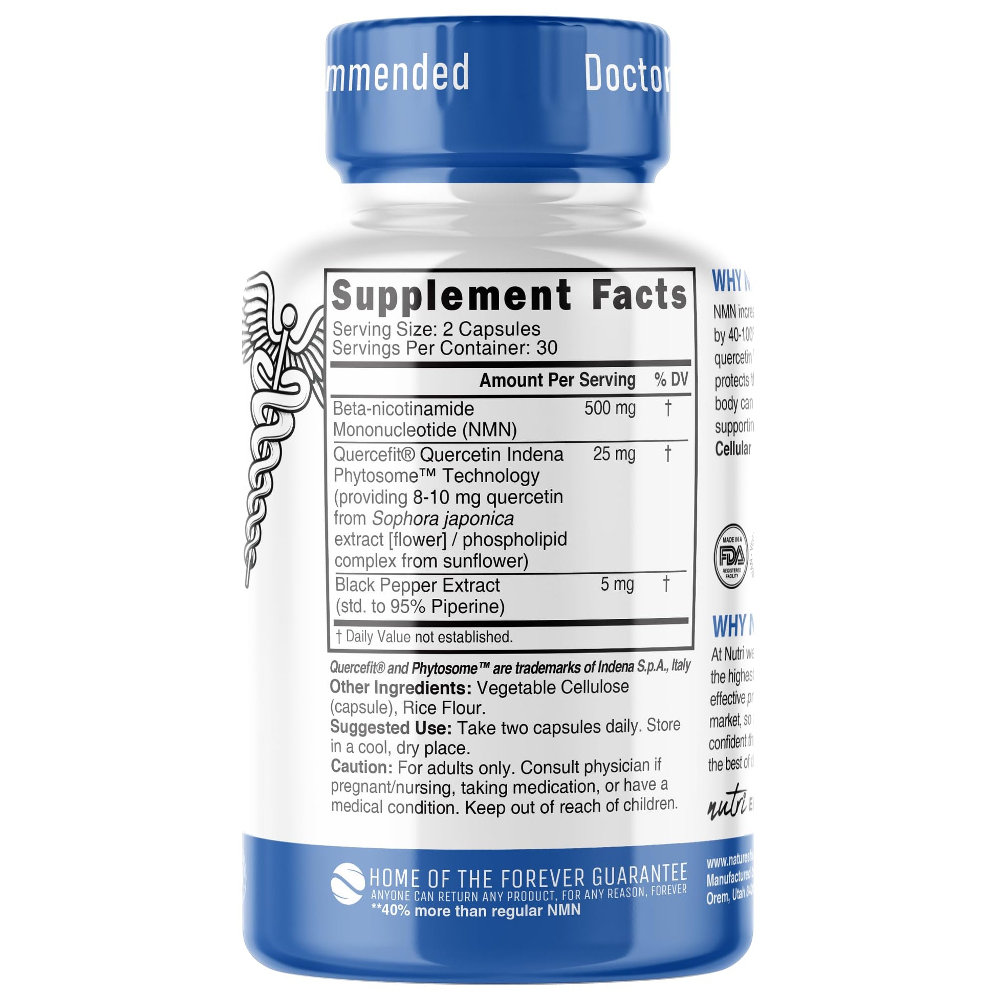 NMN Supplement 500mg NAD Supplement - Nutri Ultra High Absorption Stabilized NMN Nicotinamide Mononucleotide, 40% More NAD+ with Quercetin Phytosome & Black Pepper - mnm supplement (60 Capsules) Nature's FusionsAu supplements