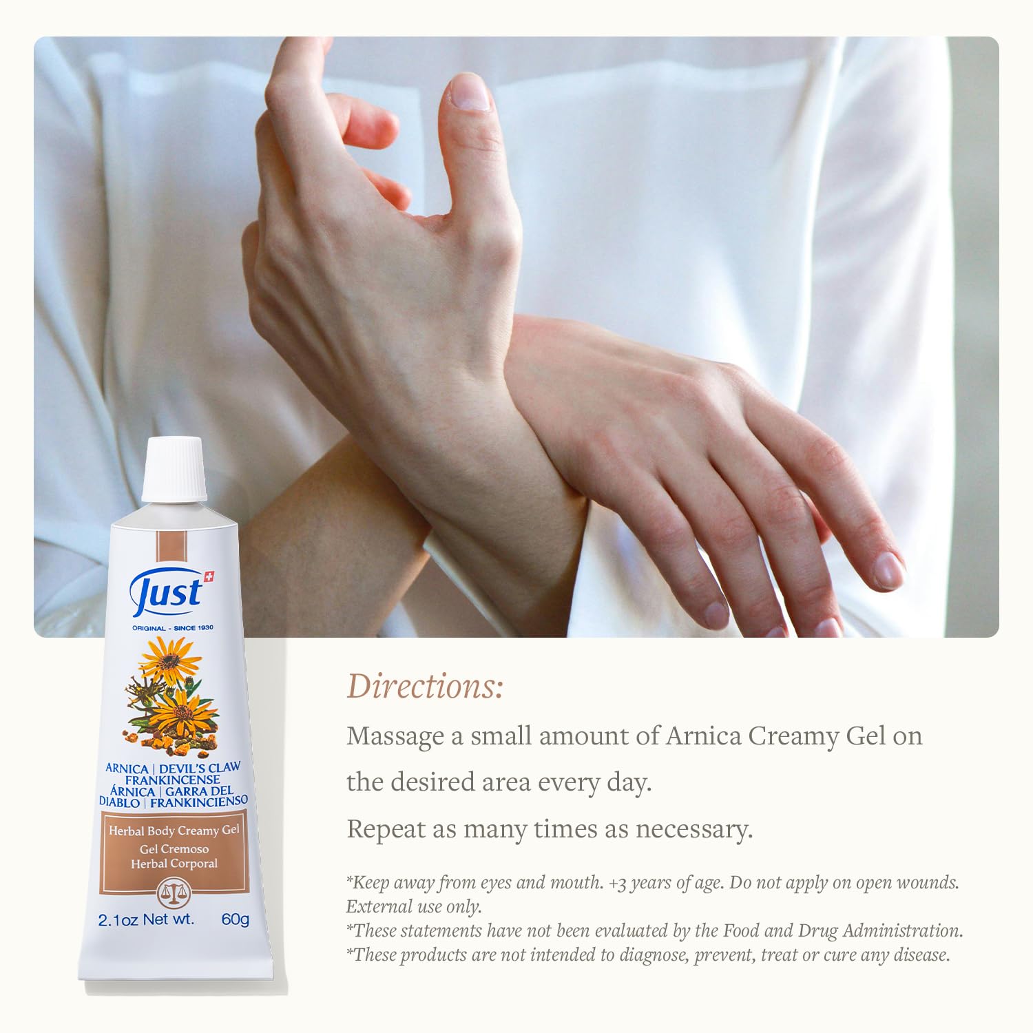 Swiss Just Arnica Gel, Arnica Creamy Gel 60g. Arnica Cream w/Devils Claw & Frankincense Oil. A Gentle Massage Cream on Wrists, Fingers, Knees, Ankles, Joints, Waist, Neck, and Back. SwissJustAu supplements