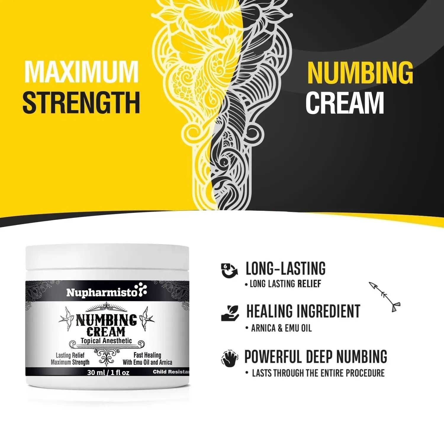 Nupharmisto Numbing Cream Maximum Strength : Long Lasting Numbing Cream with 5X Numbing - Emu Oil and Arnica 30 ml / 1 fl oz NupharmistoAu supplements