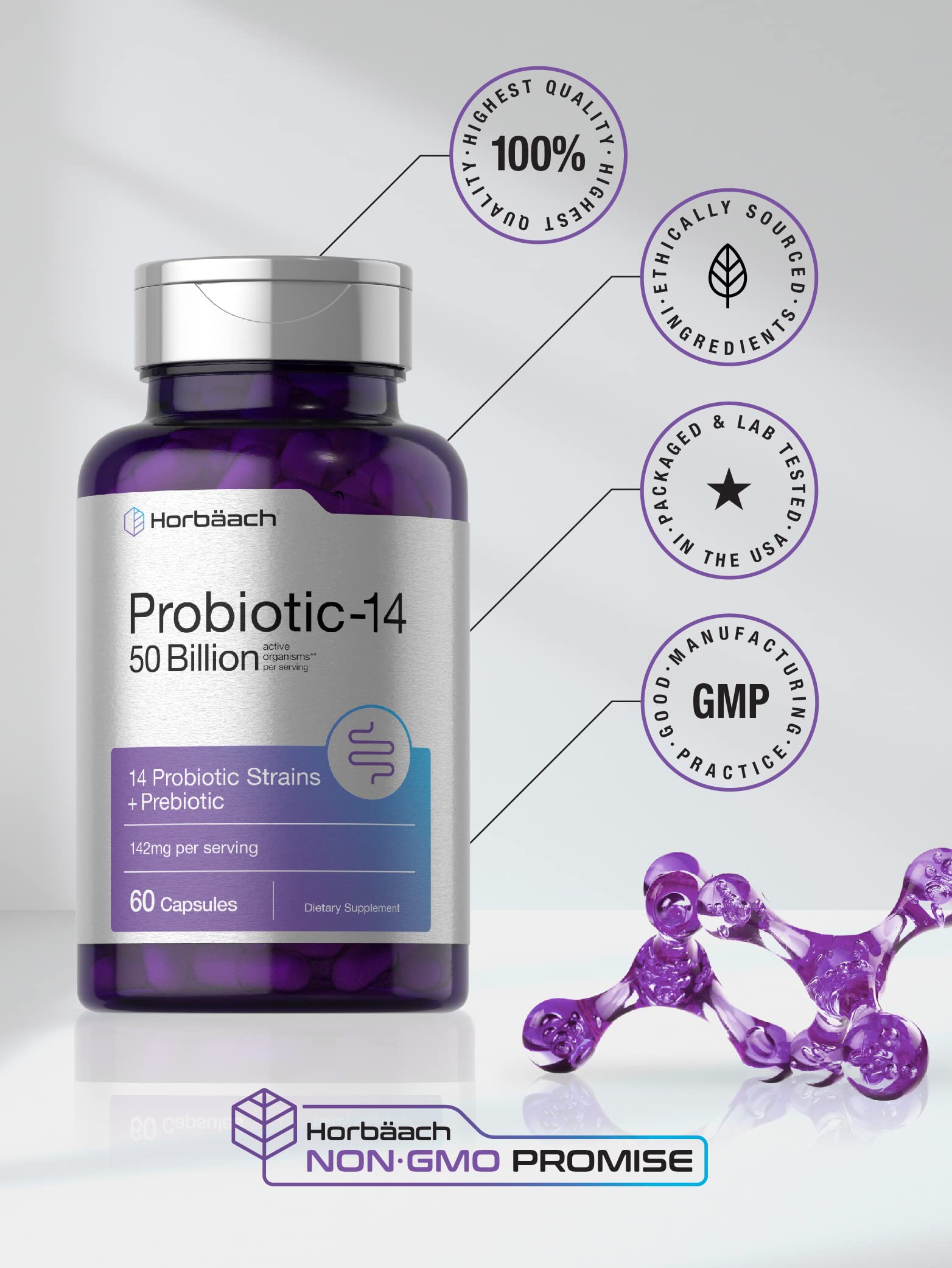 Horbäach Probiotics with Prebiotics | 60 Capsules | 50 Billion Active Organisms | Non-GMO HorbäachUS supplements