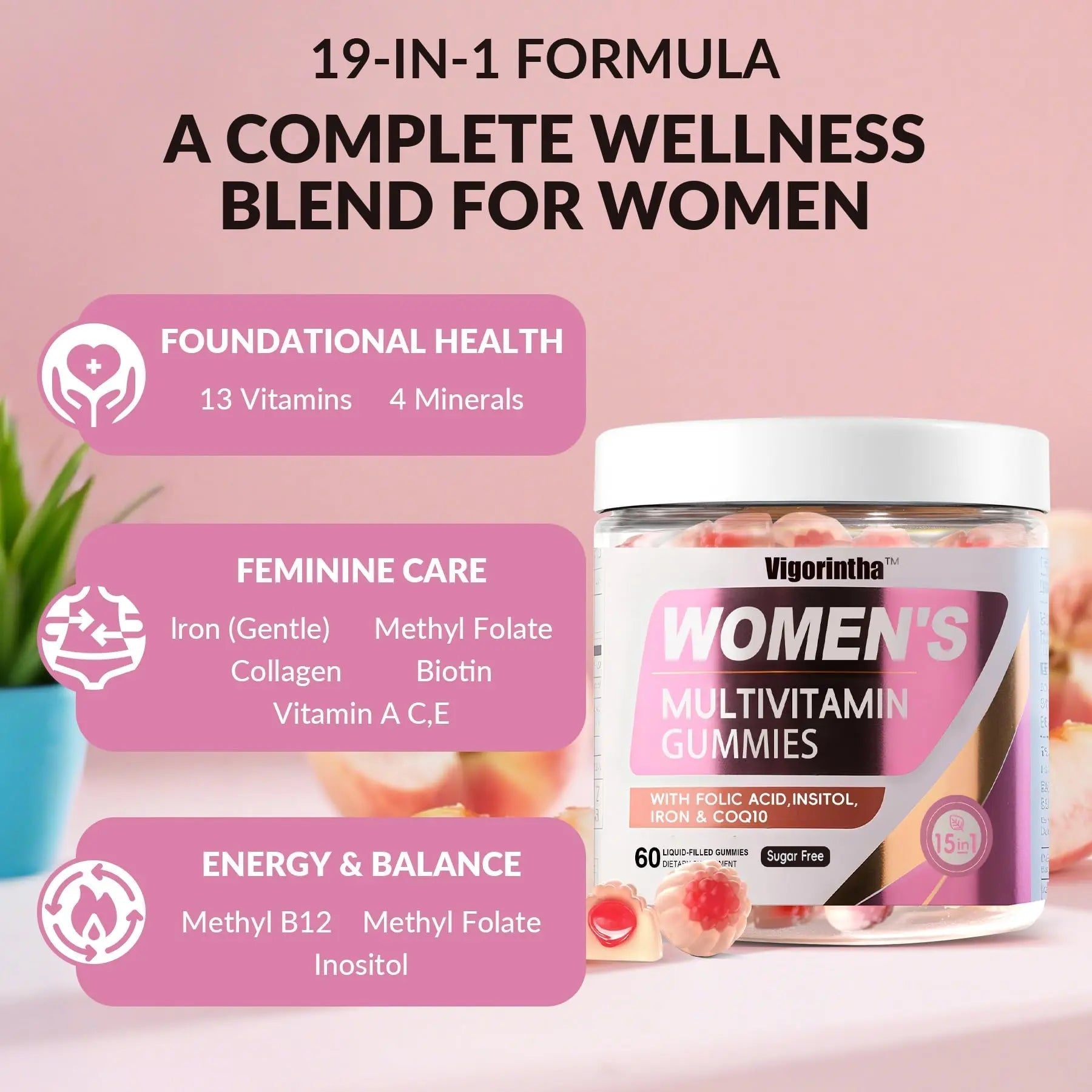 Vigorintha 2 Pack Sugar Free Womens Multivitamin Gummies with 19 Multi Vitamins & Minerals,Iron,Calcium,Folate,Biotin,Inositol VigorinthaAu supplements