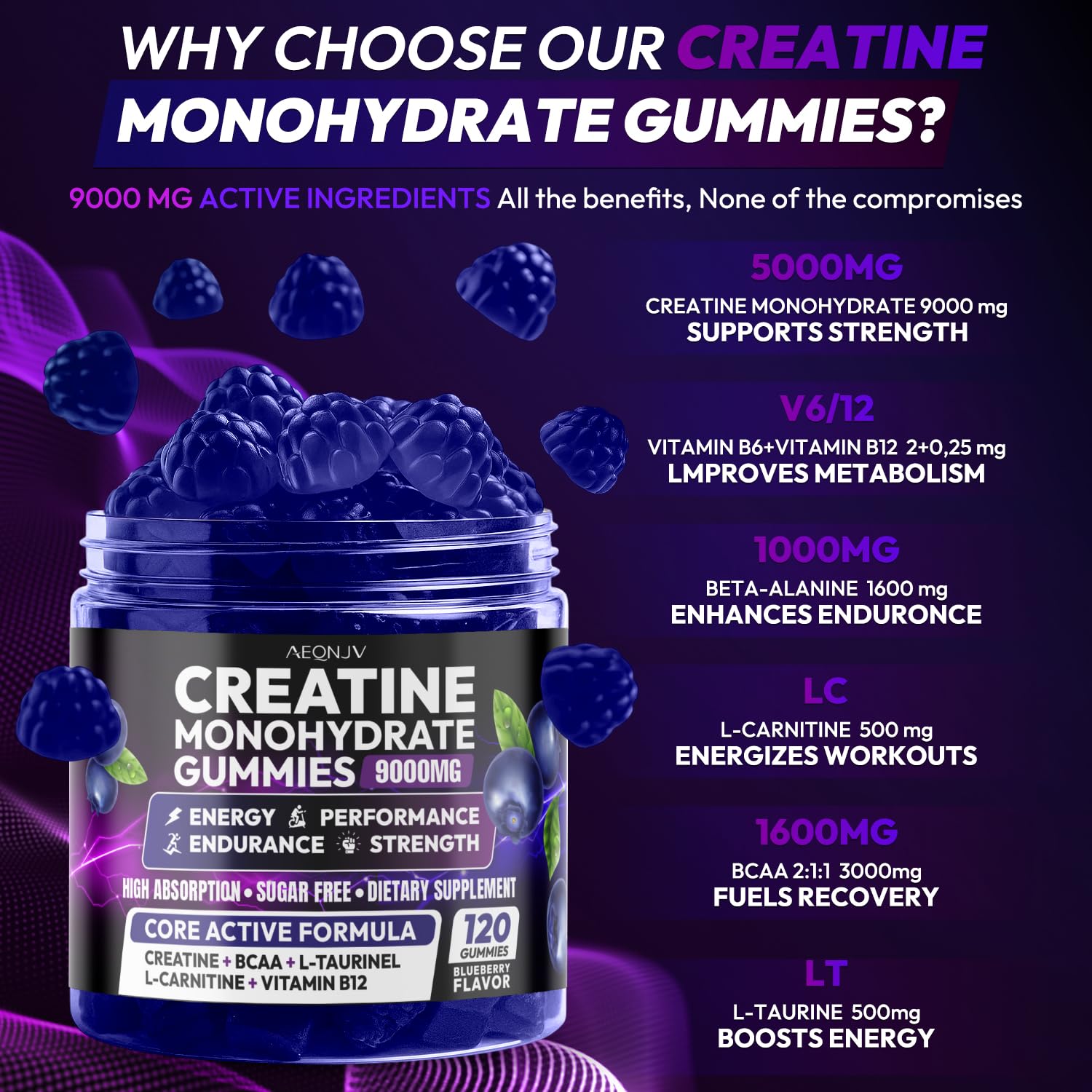 AEQNJV Creatine Gummies Monohydrate Complex for Men & Women, 9000MG Creatine Pre-Workout Supplement Enhance Muscle Strength Recovery Cognitive Health & Memory, 120 Gummies Sugar Free Vegan Non-GMO AEQNJVAu supplements
