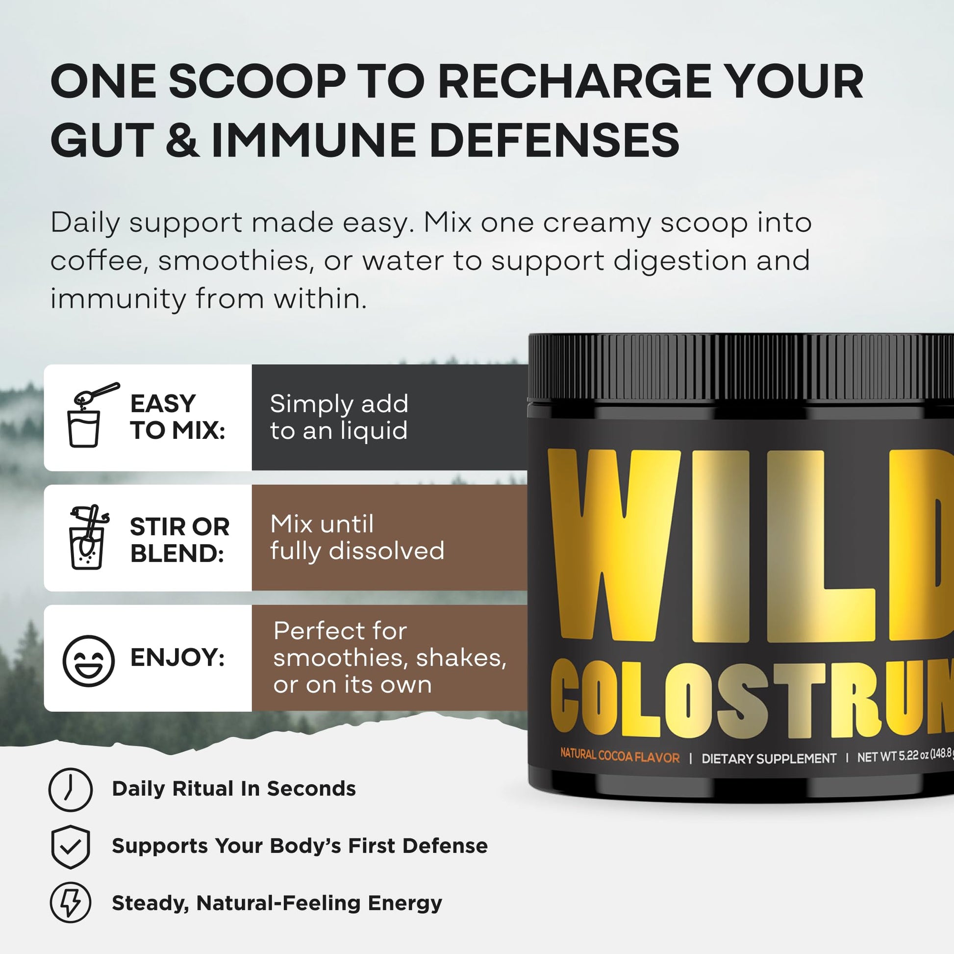 Colostrum Supplement - Grass Fed Pure Bovine Colostrum Powder - 2000mg & 400mg IgG (calostro bovino) - Gut, Immunity, Skin, Hair Support - Sugar Free, Natural Cacao Flavour, 30 Servings Wild FoodsAu supplements