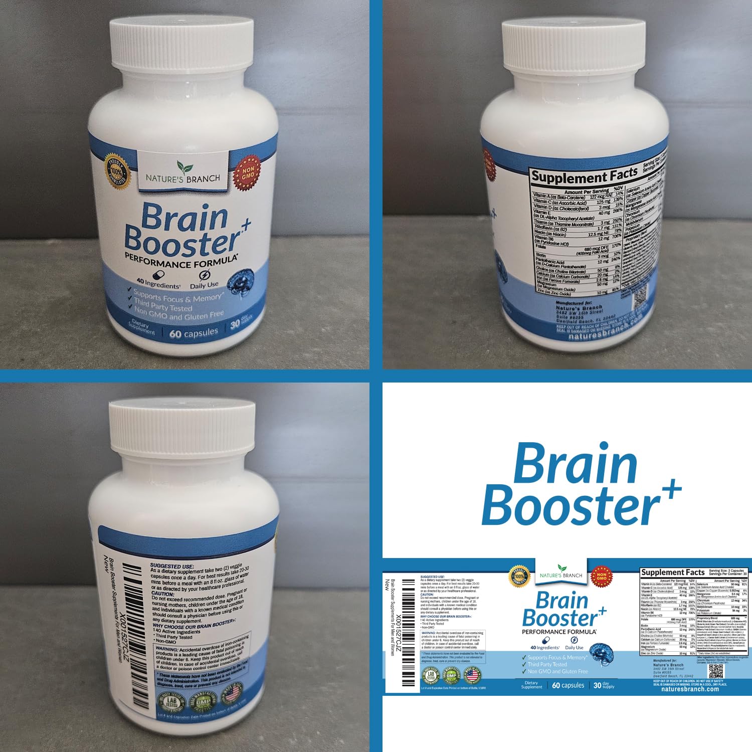 40-in-1 Brain Booster Supplement for Focus, Memory, Clarity, Energy | Advanced Vitamins Plus eBook | for Men & Women, Cognitive Function Nootropic Support with DMAE, Mind Health Formula | 60 Capsules NATURE'S BRANCHAu supplements