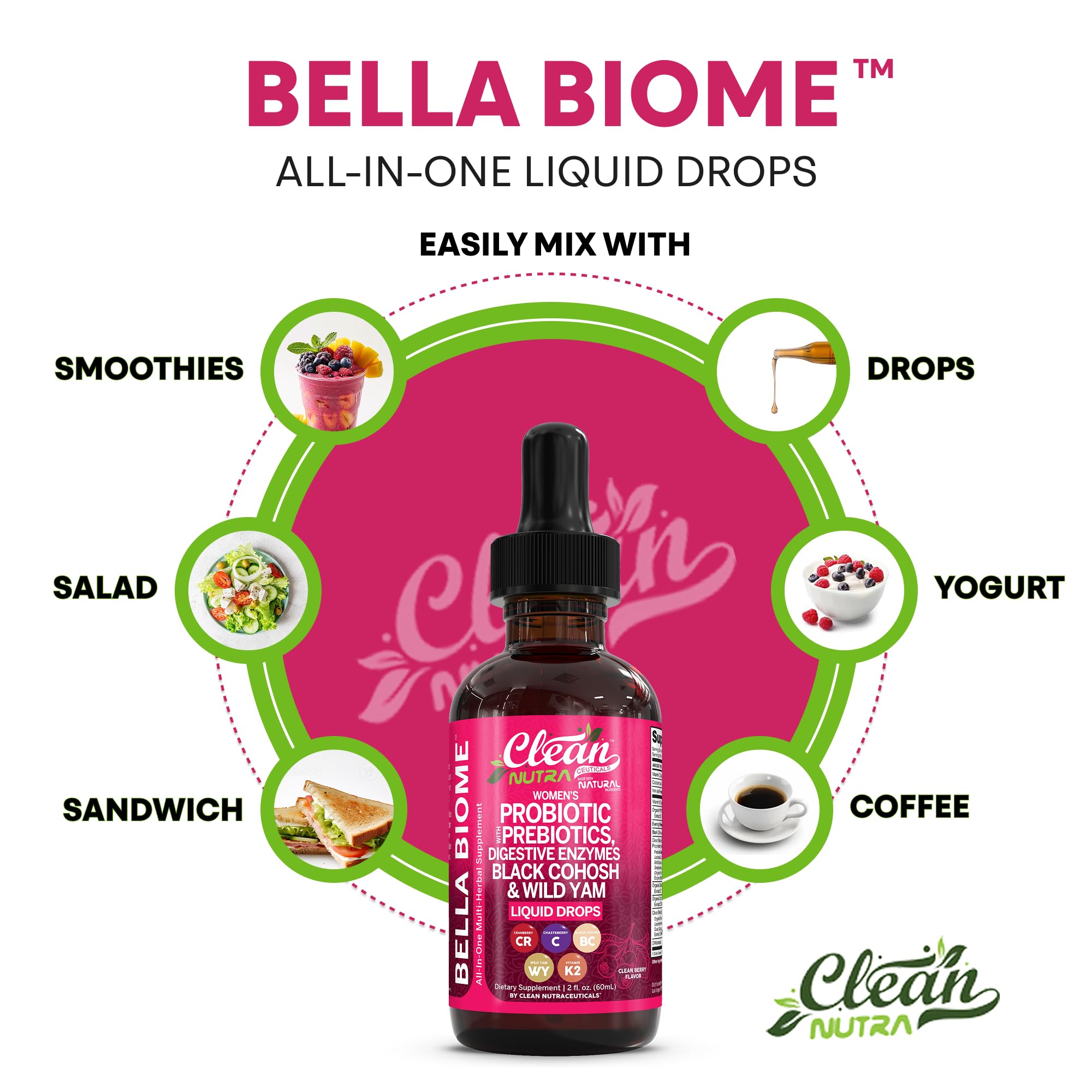 Liquid Probiotics for Women Drops with Chasteberry, Black Cohosh, Prebiotics, Digestive Enzymes, Evening Primrose Oil, Wild Yam, Cranberry Dmannose and Iron Vitamin D3 K2 Clean Nutra Bella Biotics Clean NutraceuticalsAu supplements
