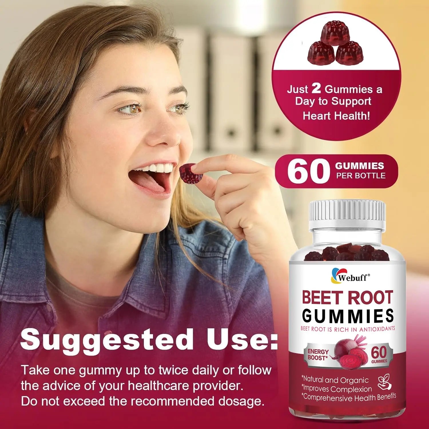 Webuff Beet Root Gummies - Nitric Oxide Booster with Organic Beet, Pomegranate & Grape Seed, Vitamin B12 - Energy, Circulation & Heart Health Support, Vegan, Non-GMO, 60 Count (Pack of 1) Webuffnz supplements