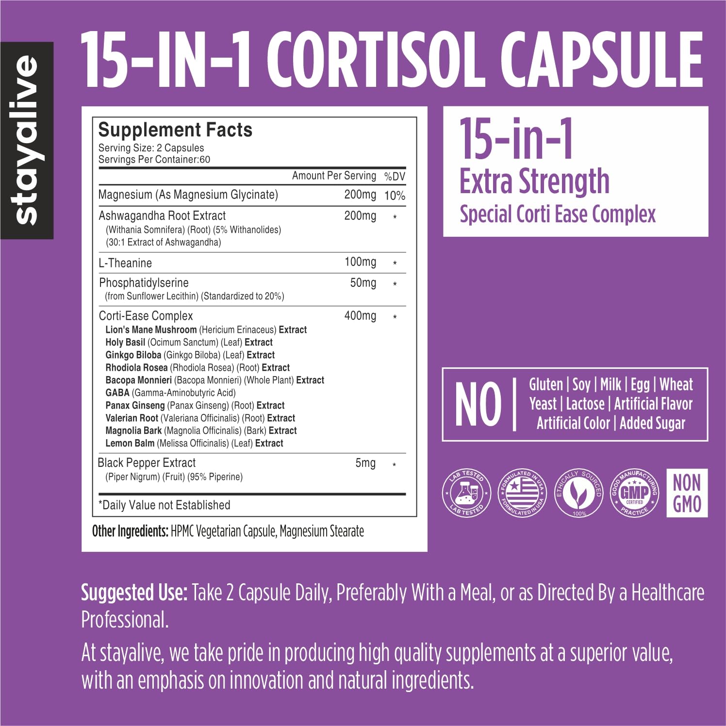 STAY ALIVE Cortisol Manager Supplement 15-in-1 Complex w/L-Theanine, Ashwagandha, Magnesium Glycinate, Phosphatidylserine and More, 120 Veg Capsules, Non-GMO & Gluten-Free Formula for Women and Men STAY ALIVEAu supplements