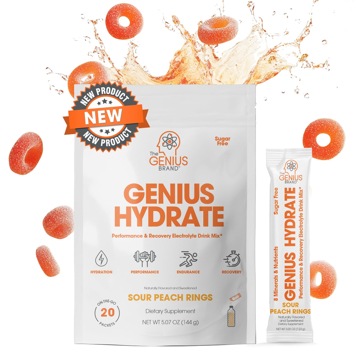 The Genius Brand Genius Hydrate - Electrolyte Supplement for Daily Hydration - Coconut Water - Sugar-Free - 8 Essential Minerals & Nutrients - Non-GMO - Sour Peach Rings - 20 Servings The Genius BrandUS supplements