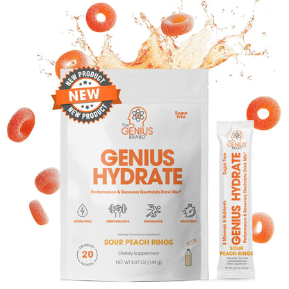 The Genius Brand Genius Hydrate - Electrolyte Supplement for Daily Hydration - Coconut Water - Sugar-Free - 8 Essential Minerals & Nutrients - Non-GMO - Sour Peach Rings - 20 Servings The Genius BrandUS supplements