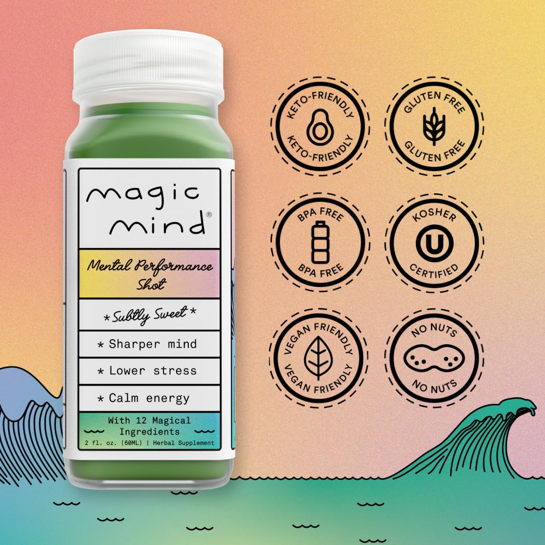 Magic Mind Focus Energy Drink Shots - No Jitters, Stress Relieving, Ashwagandha, Functional Mushrooms, Matcha Green Tea, Vitamin B12, Vitamin C - 2 FL Oz (5 Pack) Magic MindAu supplements
