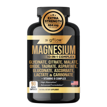 gflow vitamins Magnesium Complex Supplement - 10 Active Forms, Glycinate, Citrate, Malate, Oxide, Taurate, Aspartate, Gluconate, Ascorbate, Lactate, Carbonate, Plus More with Vitamin C B1 B2 B6 B12 gflow vitaminsAu supplements