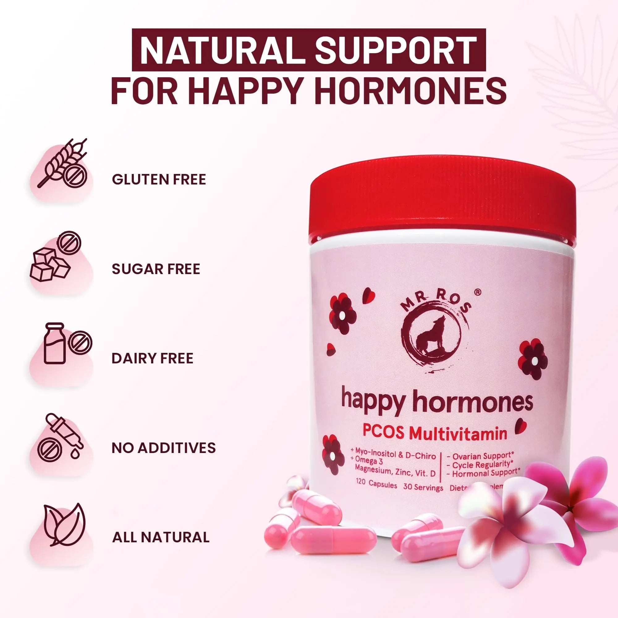 Mr Ros PCOS Multivitamin for Women – Happy Hormones Formula – Myo & D-Chiro Inositol 40:1, Omega-3, Vitamin D3, Zinc & Magnesium Mr RosAu supplements