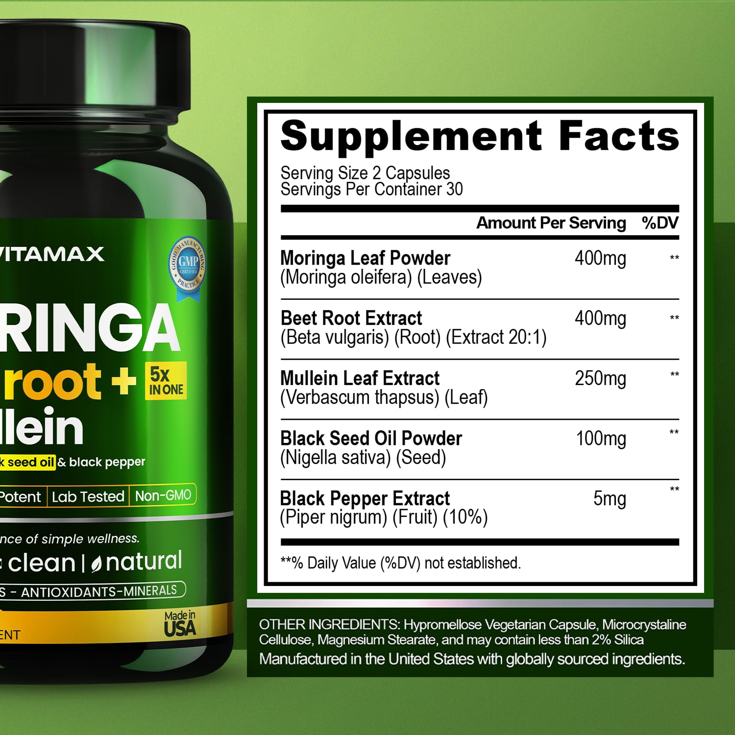 Moringa Capsules, Beet Root, Mullein Leaf - Energy, Skin, Immune Supplement Superfood, Rich in Antioxidants, Minerals & Essential Vitamins - High Absorption Non-GMO - Made in USA - 60ct VitamaxAu supplements