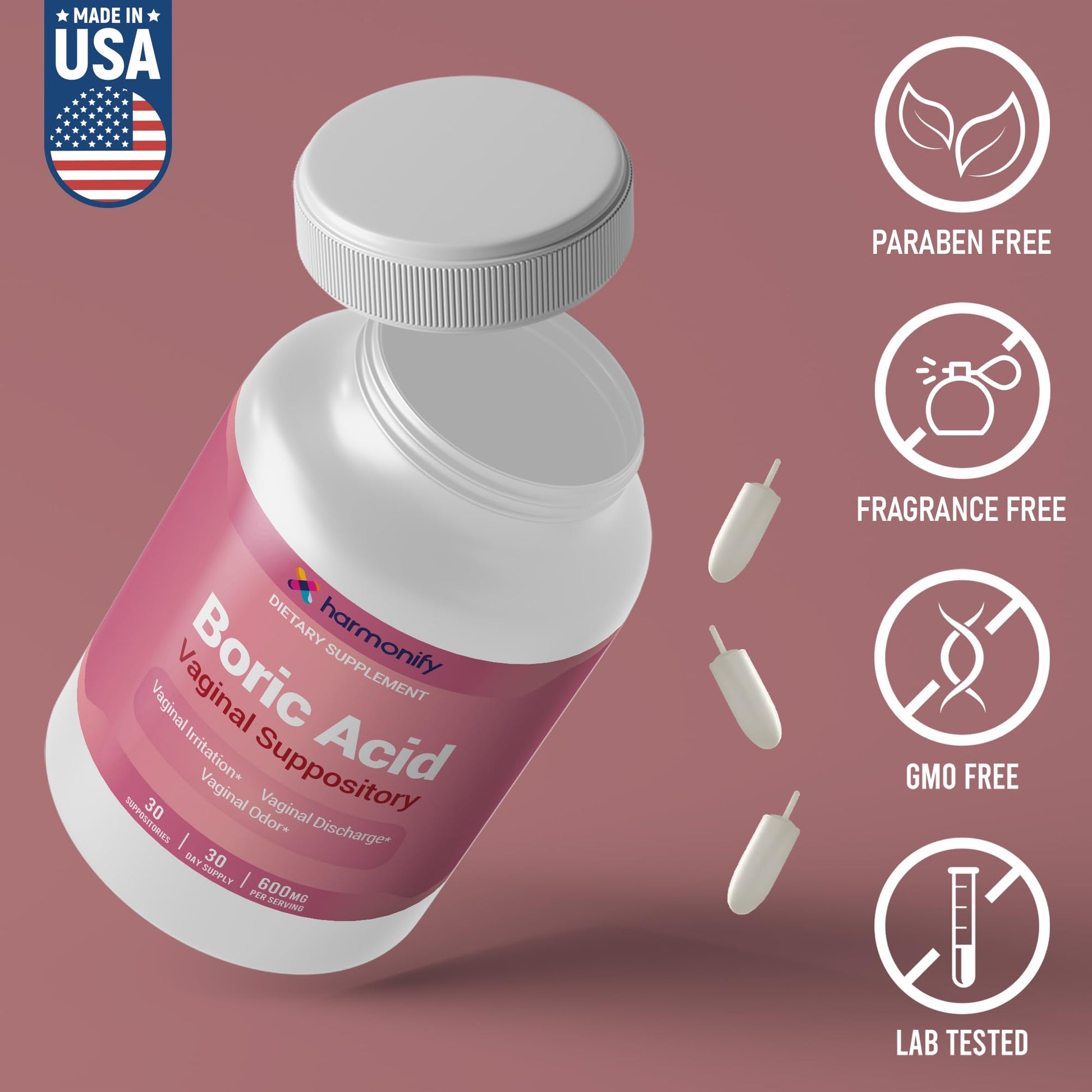 Boric Acid Suppositories for Women 600 mg, Pure Boric Acid pH Balance for Women & Vaginal Odor Control – 30 Suppositories, Made in USA HARMONIFYUS supplements