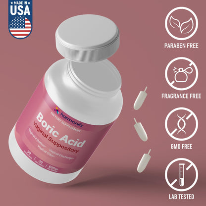 Boric Acid Suppositories for Women 600 mg, Pure Boric Acid pH Balance for Women & Vaginal Odor Control – 30 Suppositories, Made in USA HARMONIFYUS supplements