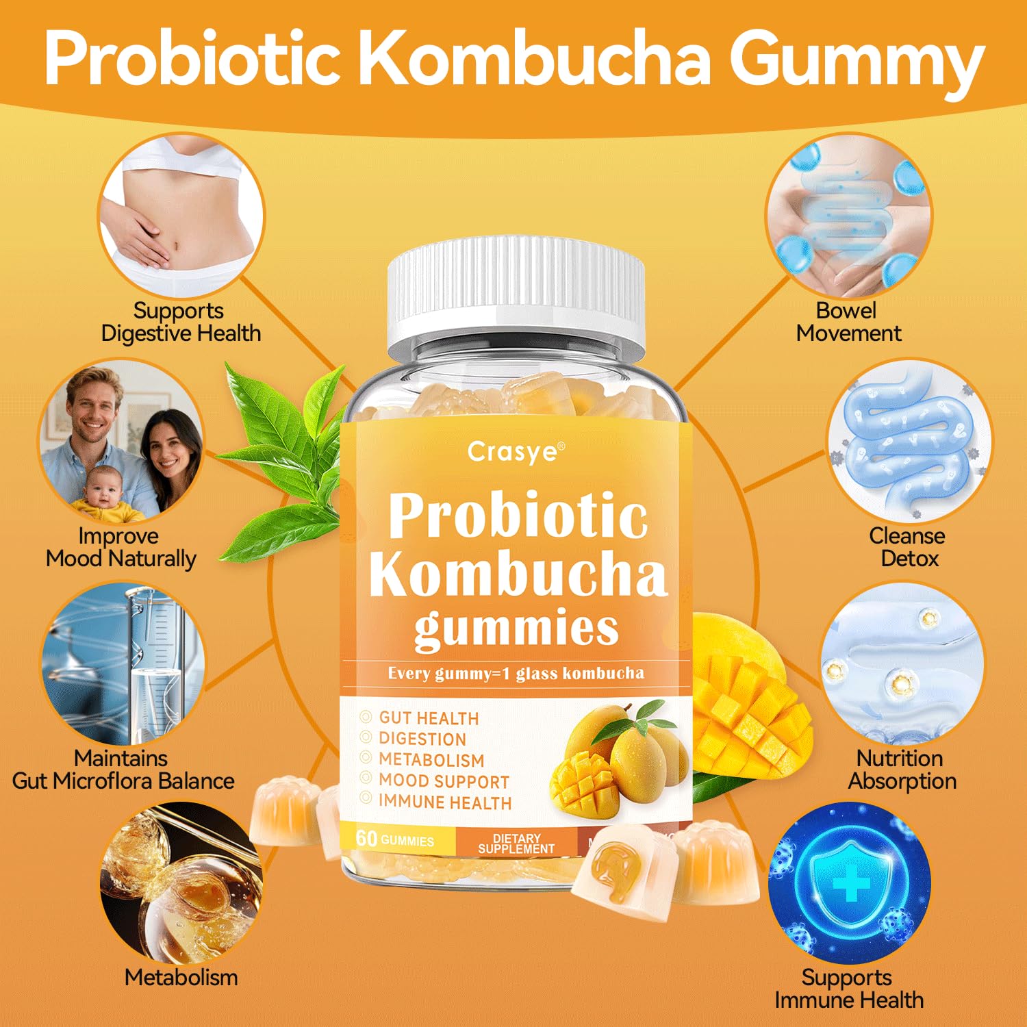 Crasye Probiotic Kombucha Gummies Sugar Free Prebiotic Postbiotic Probiotics Gummies with Slippery Elm for Women and Men Bloating Gut Health Immune and Digestive Support - 60 Gummies - 30 Servings CrasyeAu supplements