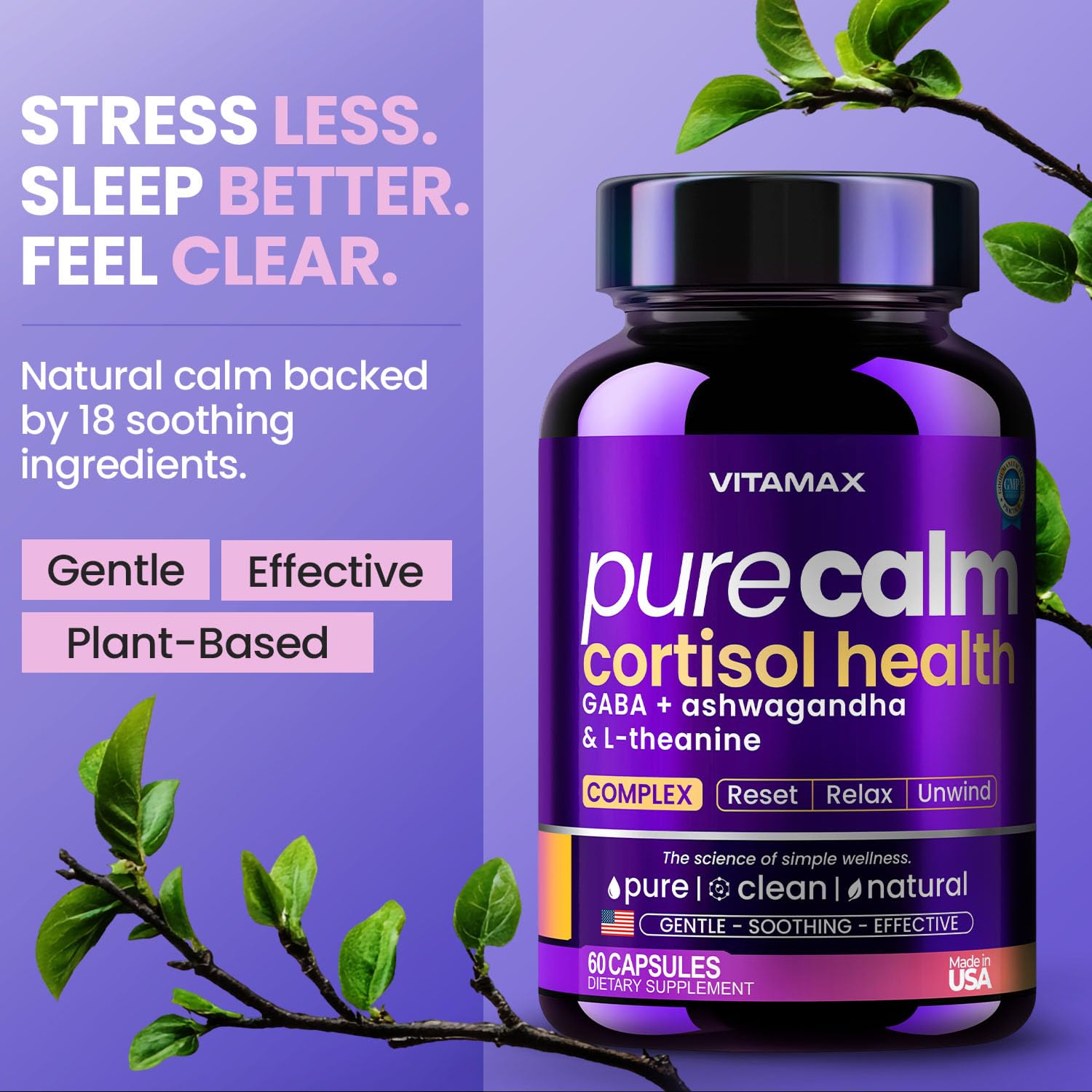 Vitamax Pure Calm Cortisol Supplements for Women - L Theanine, Ashwagandha, GABA for Relaxation, Mood & Stress Support with Ginkgo Biloba, Bacopa Monnieri, 5-HTP – Non-GMO, Made in USA – 60ct VitamaxAu supplements