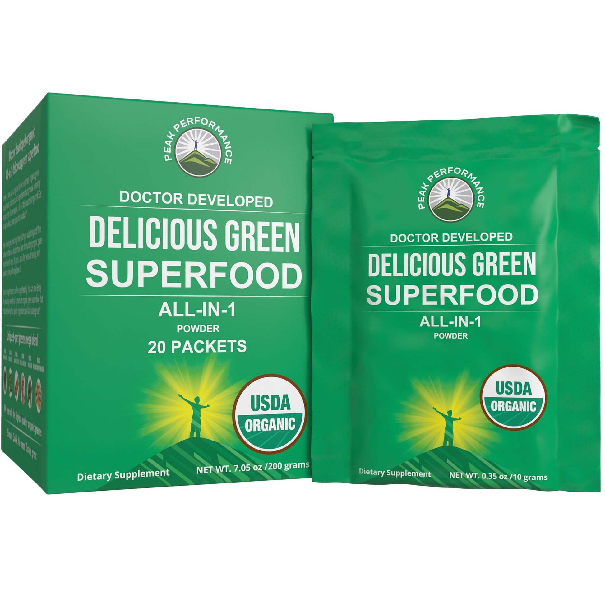 Peak Performance Organic Greens Superfood Powder Single Serve Travel Packets. Best Tasting Organic Green Juice Super Food with 25+ All Natural Ingredients for Max Energy. (20 Pack) Peak PerformanceAu supplements