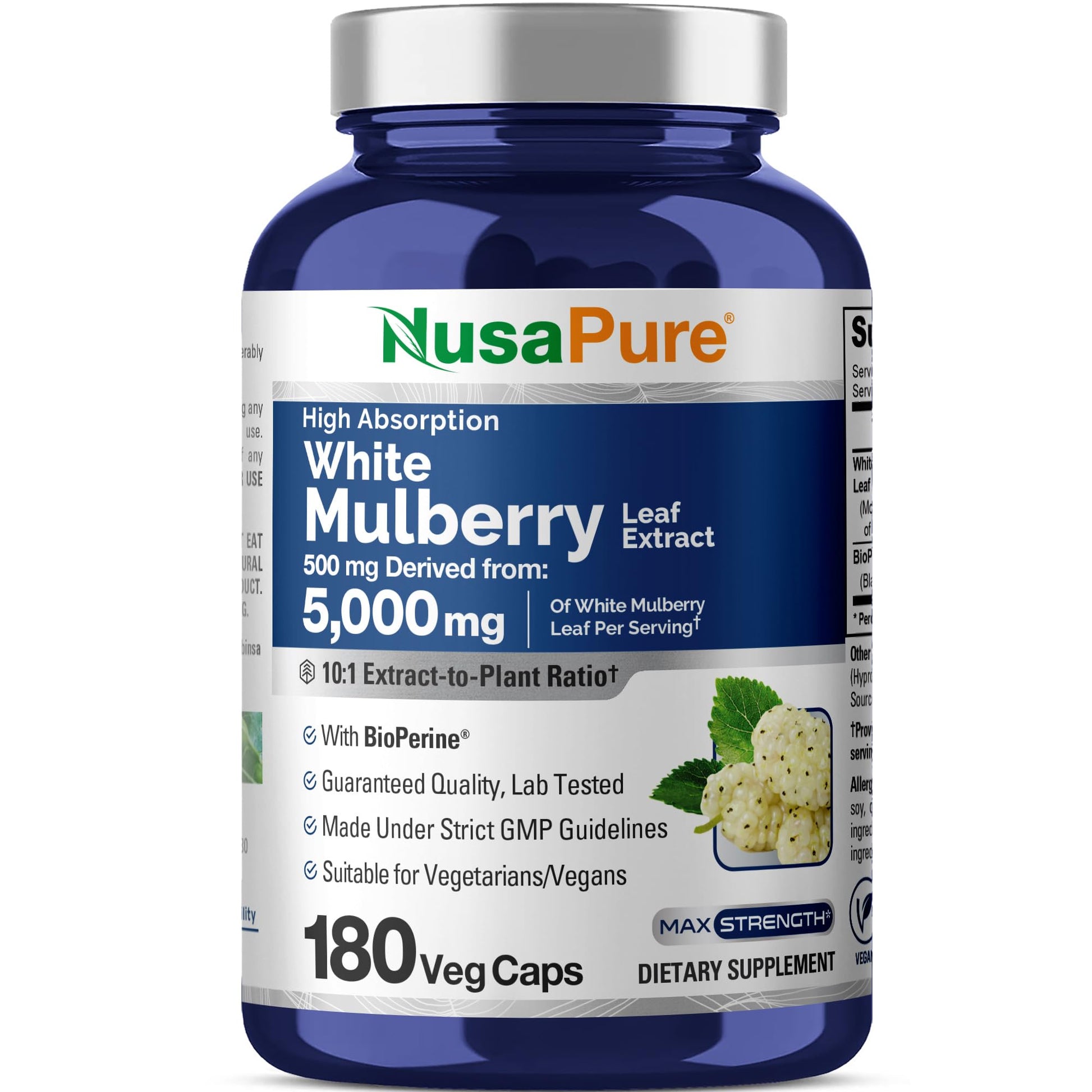 NusaPure White Mulberry Leaf Extract 10:1 Extract, 500 mg Equivalent to 5000mg 180 Veg Caps (Vegan, Non GMO Bioperine) NusaPureAu supplements