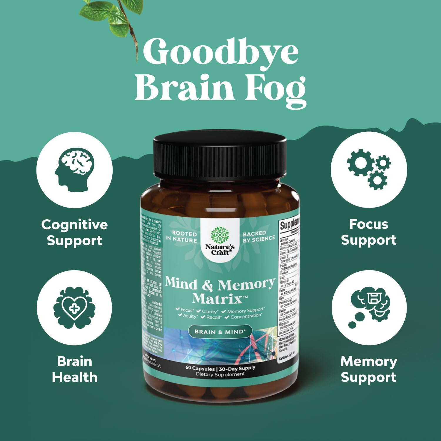 Advanced Brain Supplement for Memory and Focus - Nootropics Brain Support Supplement with Memory and Focus Vitamins for Adults of All Ages - for Brain Fog Clarity Energy and Recall - 60 Count Natures CraftAu supplements