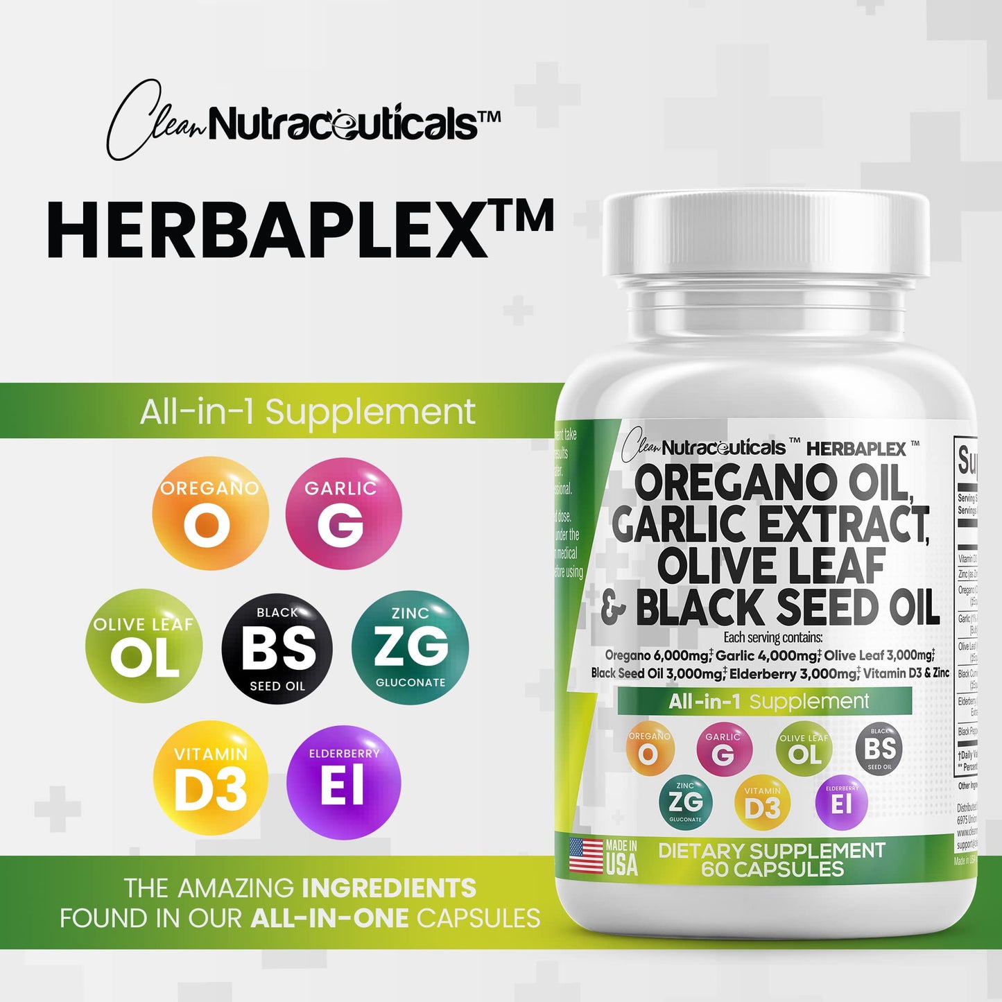 Oregano Oil 6000mg Garlic Extract 4000mg Olive Leaf 3000mg Black Seed Clean NutraceuticalsUS supplements