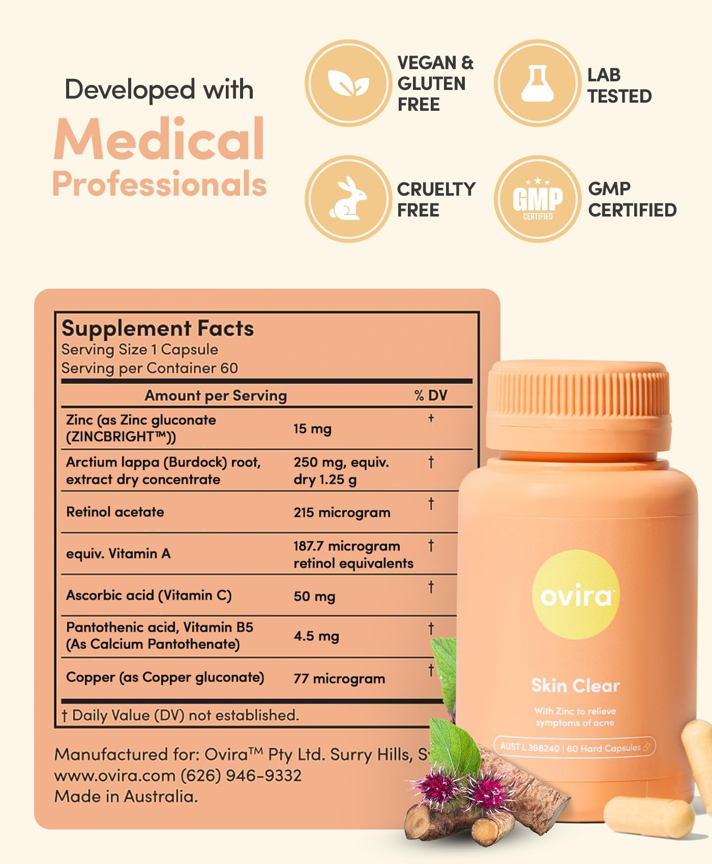 Ovira Skin Clear with ZINCBRIGHT - 60 Capsules for Clear and Glowing Skin | Rosacea & Hormonal Acne Treatment | Support Collagen Production | Acne Supplements for Women & Men - Pack of 2 OviraAu supplements