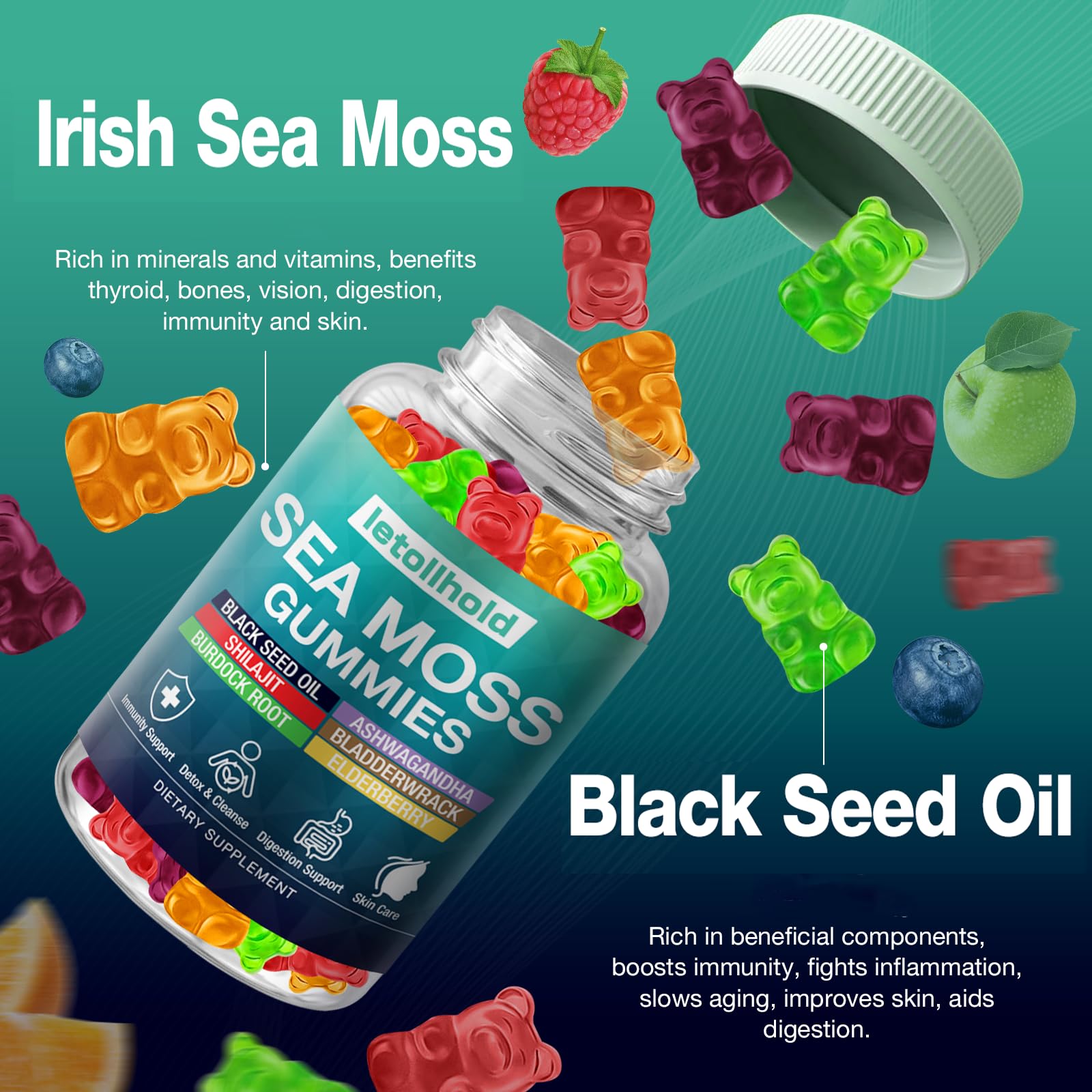 Sea Moss Gummies - Irish Sea Moss Gummies Advanced for Adults with Ashwagandha Bladderwrack & Burdock Root for Supports Immune，Energy - 60 Vegan Gummy,5PCS letollholdAu supplements