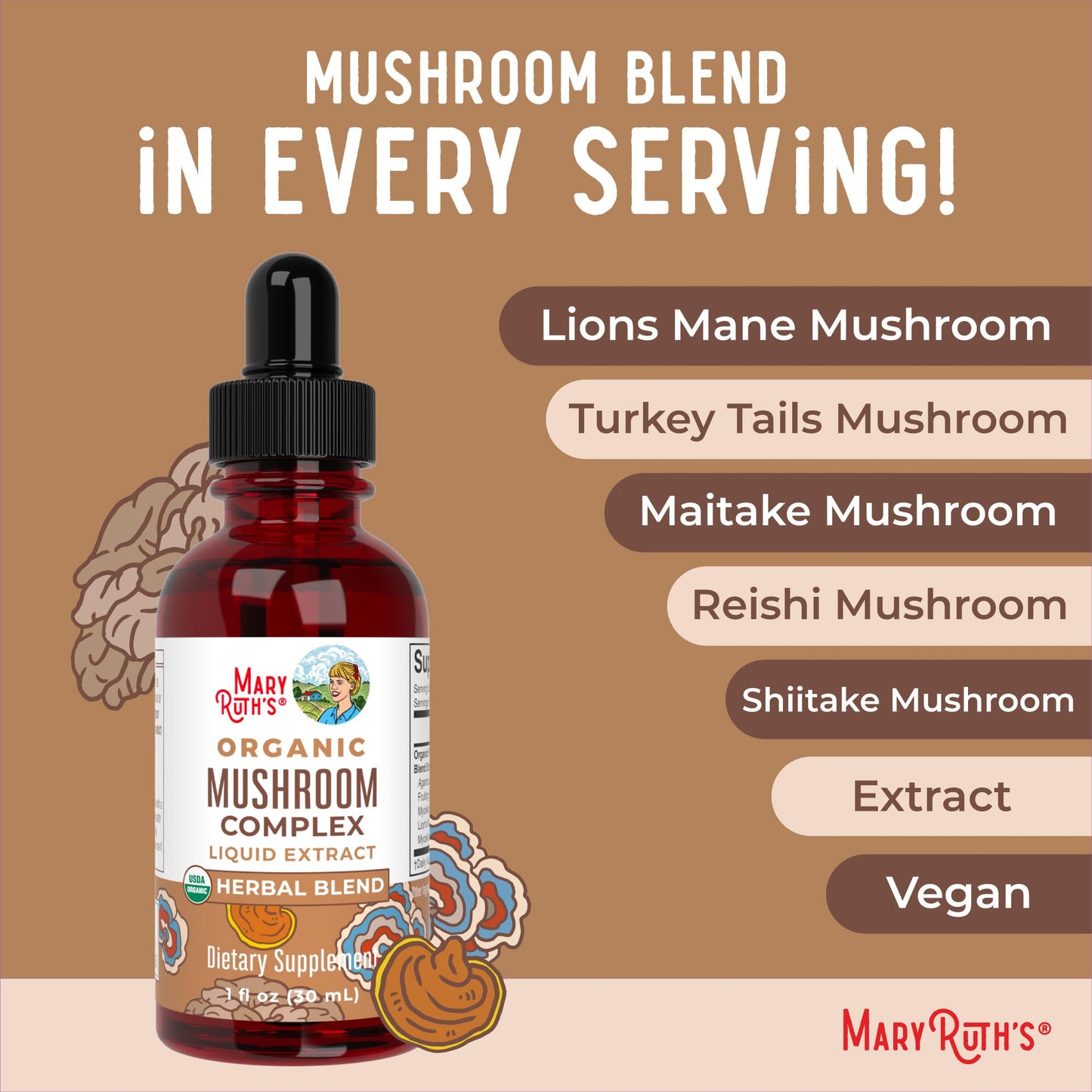 MaryRuth's Mushroom Complex | Lion's Mane | Turkey Tail | Reishi Mushroom | Shiitake Mushrooms | Alcohol Free | Mushroom Blend | Organic | Non-GMO | Vegan | 30 Servings MARYRUTH'SUS supplements