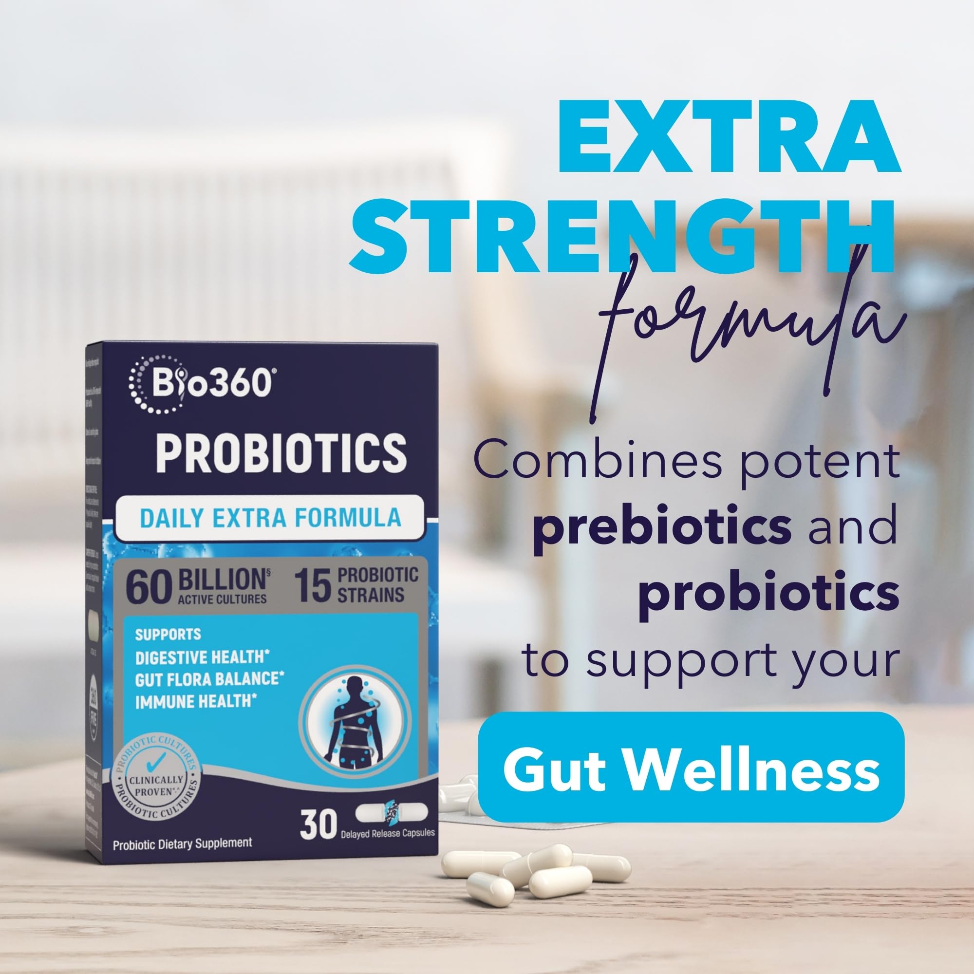 Extra Strength Probiotic for Digestive Health and Immune Support, 60 Billion CFU & 15 Strains, Gut Health Probiotics for Men and Women Supports Occasional Constipation, Diarrhea, Gas & Bloating, 30CT Bio360Au supplements