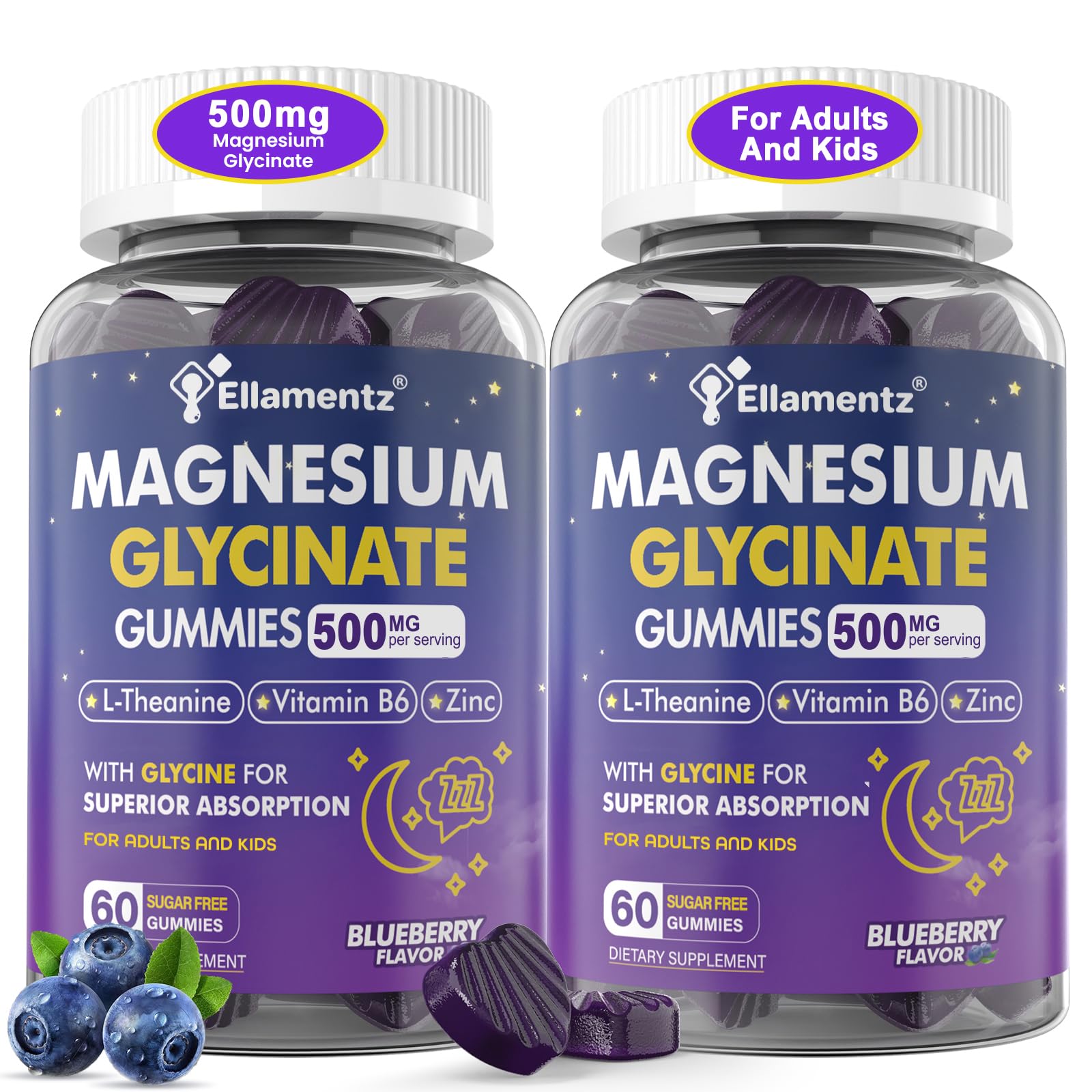 Magnesium Glycinate Gummies 500mg/250mg for Adults Kids Teens, Sugar Free Magnesium Calm Sleep Aid, Kids Sleep Gummies with L-Theanine Glycine B6 for Sleep, Calm, Muscle,Relax Brain,No Melatonin,2Pack ELLAMENTZAu supplements