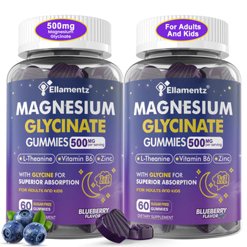 Magnesium Glycinate Gummies 500mg/250mg for Adults Kids Teens, Sugar Free Magnesium Calm Sleep Aid, Kids Sleep Gummies with L-Theanine Glycine B6 for Sleep, Calm, Muscle,Relax Brain,No Melatonin,2Pack ELLAMENTZAu supplements