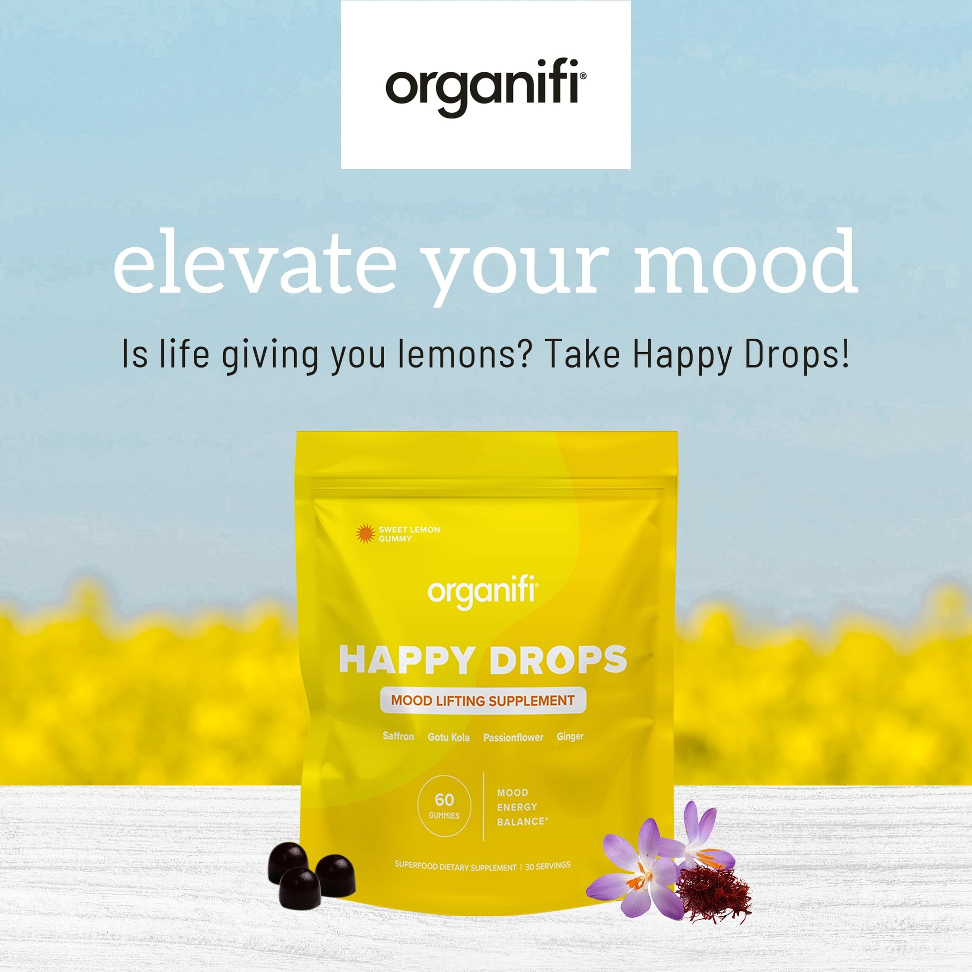 Organifi Happy Drops - Daily Superfood Happy Gummies for Adults - Mood Support Supplement for Balance, Bliss, Energy and Taking the Edge Off - Sweet Lemon Flavor - 60 Gummies OrganifiAu supplements