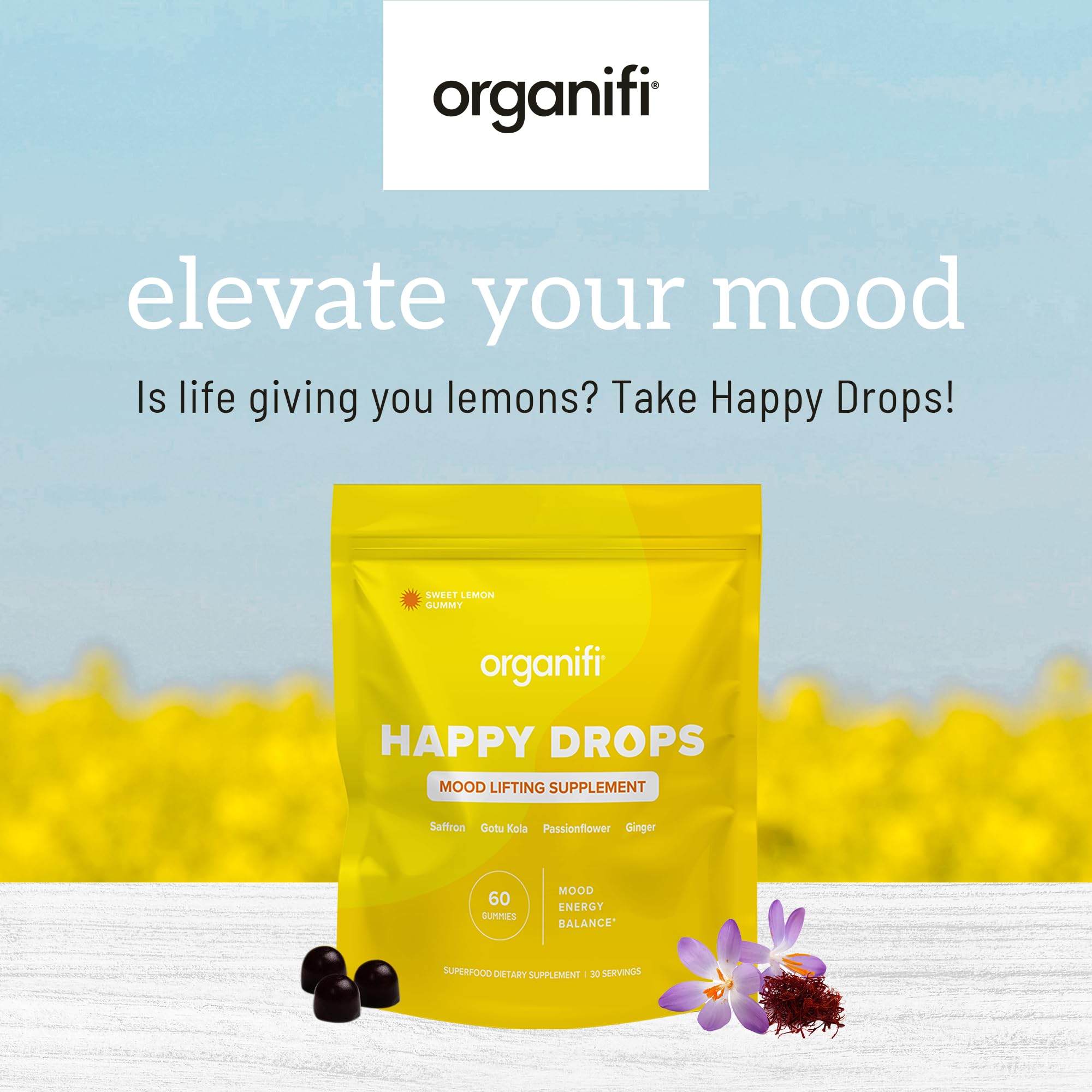 Organifi Happy Drops - Daily Superfood Happy Gummies for Adults - Mood Support Supplement for Balance, Bliss, Energy and Taking the Edge Off - Sweet Lemon Flavor - 60 Gummies OrganifiAu supplements