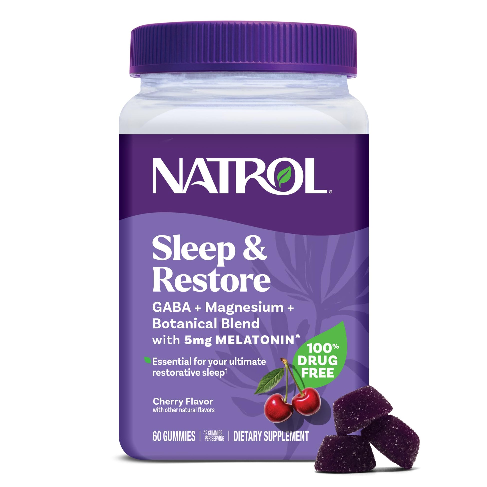 Natrol Sleep + Restore Magnesium Glycinate Blend Gummies with Melatonin 5mg - Calm Magnesium with GABA, Botanical Blend, Cherry Flavor, 60 Gummies NatrolAu supplements