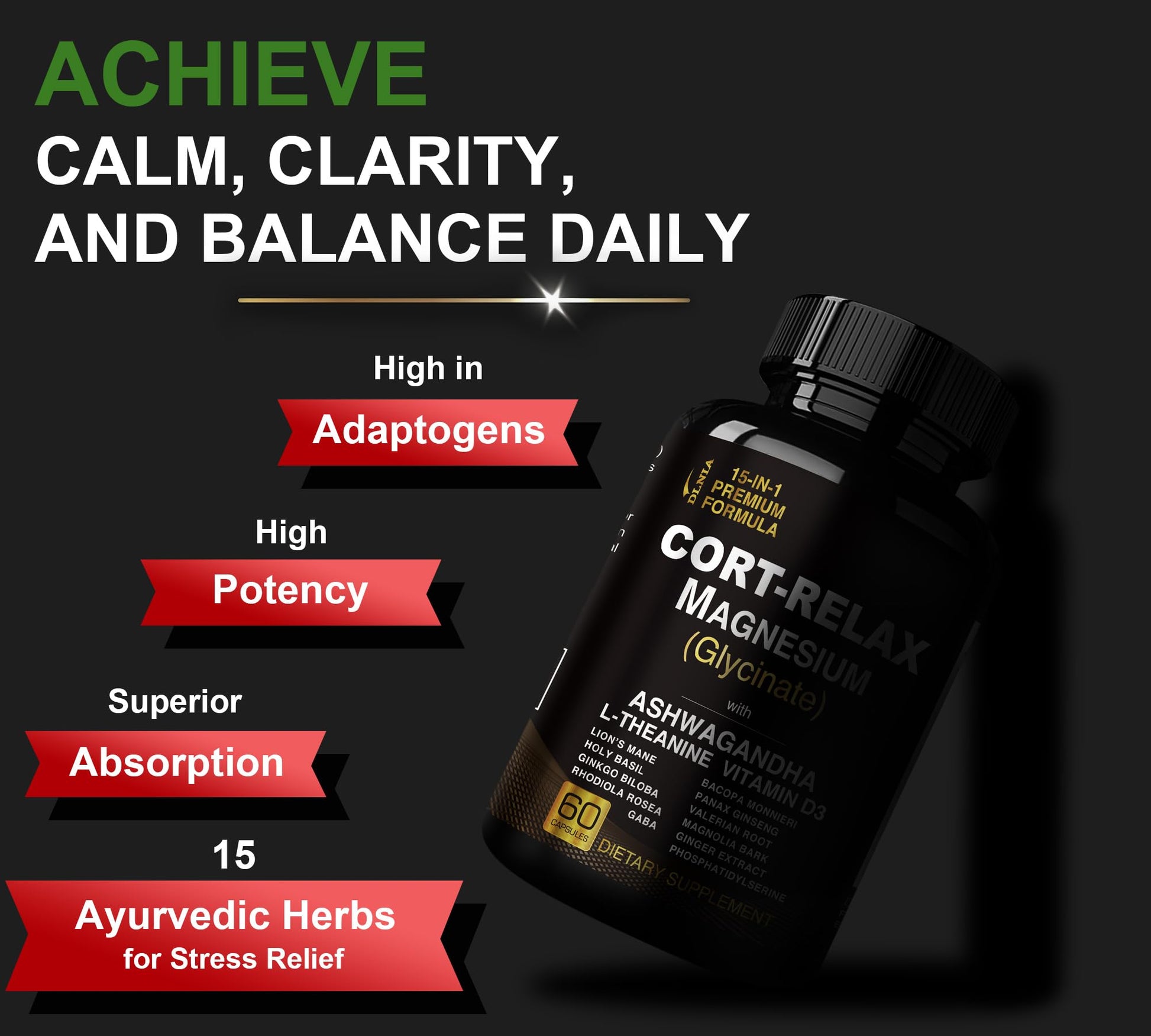 Super Calm Cortisol Supplements for Women & Men with Magnesium Glycinate, Ashwagandha, L-Theanine, Phosphatidylserine, Ginkgo & Lions Mane for Calm, Focus, Mental Clarity, Relaxation, Sleep, Energy DLNIAAu supplements