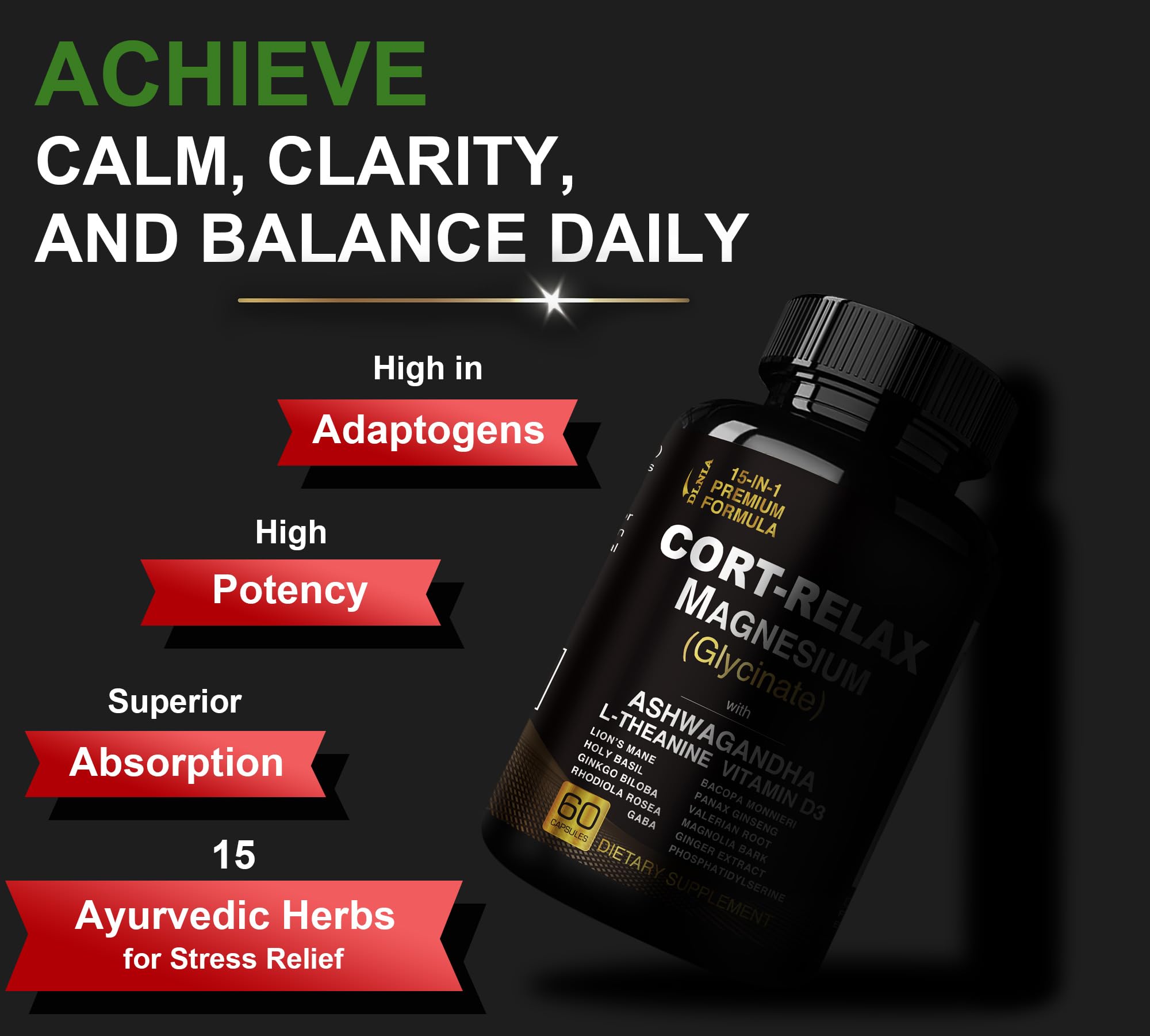 Super Calm Cortisol Supplements for Women & Men with Magnesium Glycinate, Ashwagandha, L-Theanine, Phosphatidylserine, Ginkgo & Lions Mane for Calm, Focus, Mental Clarity, Relaxation, Sleep, Energy DLNIAAu supplements