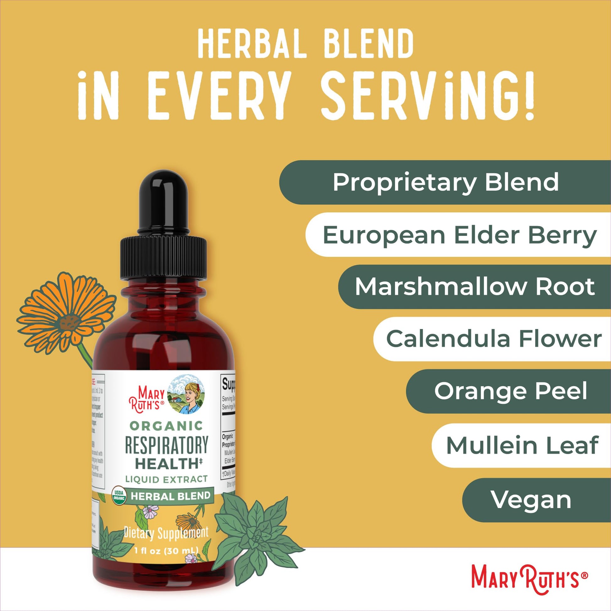 MaryRuth Organics USDA Organic Respiratory Health Liquid Drops with Mullein Leaf | Marshmallow Root & Elderberry | Mullein Drops for Lungs Herbal Blend | Immune Support Supplement | Vegan | 1 Fl Oz MARYRUTH'SUS supplements