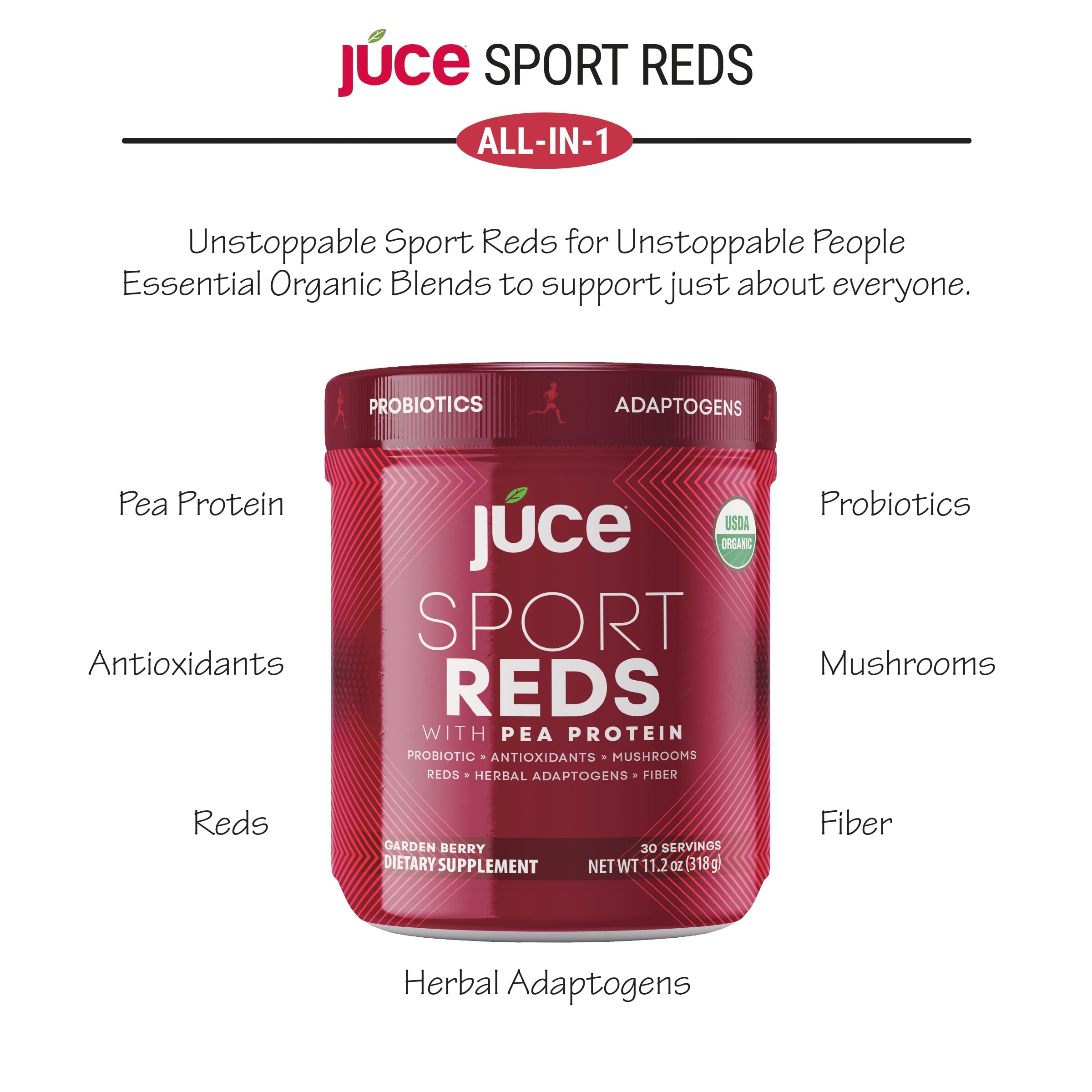 Terra Kai Organics Juce SR7 Sport Reds Organic Fruit & Veggies w/Pea Protein | 43 Superfoods, Antioxidants, Mushrooms, Beets, Herbal Adaptogens, Probiotic, Fiber, Garden Berry Flavor (30 Servings) Terra Kai OrganicsAu supplements