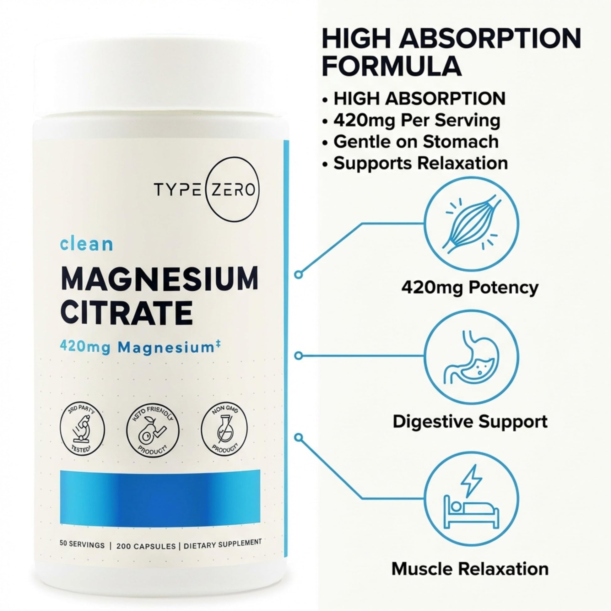 Type Zero Clean Magnesium Citrate Capsules (420mg Per Serving - 200 Capsules) Pure Magnesium Citrate Supplement, Non-GMO - Gluten Free, 50 Servings Type ZeroUS supplements