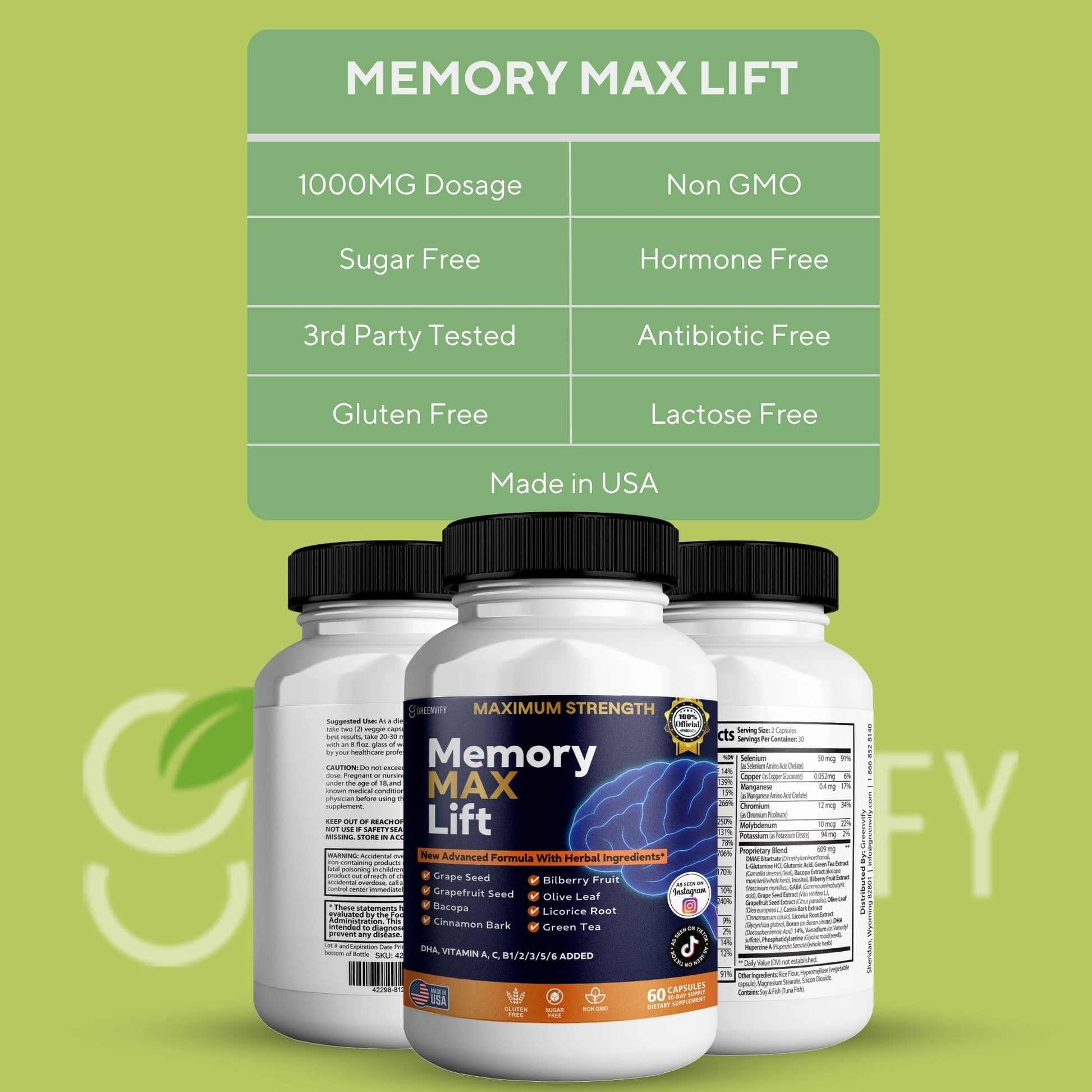 GREENVIFY Memory MAX Lift Brain Support Supplement, 60 Capsules, with Vitamins and Herbal Blend, 30 Day Supply (1) GREENVIFYAu supplements