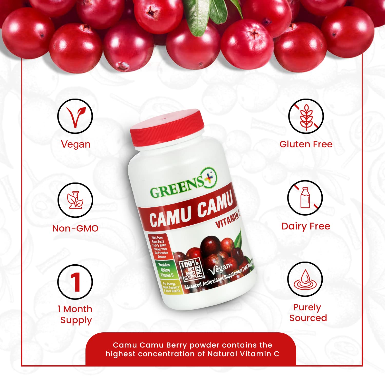 Greens+ Organic Reds Superfood Powder Camu Camu Dietary 400mg Vitamin C SuperFruit Supplement 120 Capsules, 100% Natural, Vitamins & Minerals, Vegan, Soy/Dairy/Gluten Free Greens+Au supplements