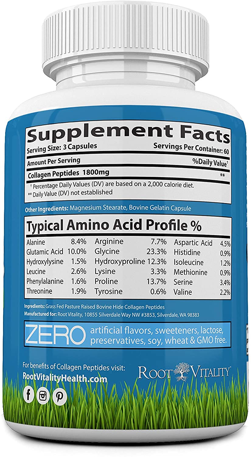 Root Vitality Collagen Peptides Capsules - Grass-Fed, Pasture-Raised Hydrolyzed Protein Supplement for Skin, Hair, & Nails - Non-GMO, Zero Sugar Daily Pills for Men & Women (180 Capsules) Root VitalityAu supplements