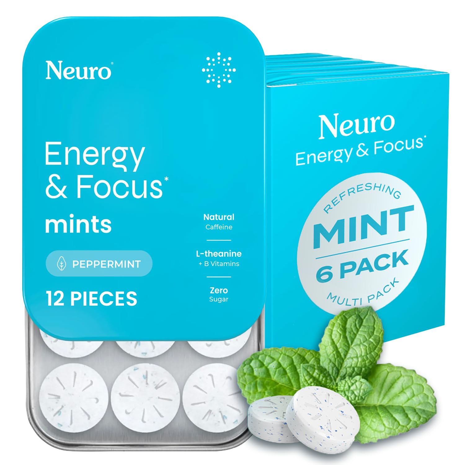 Neuro Energy & Focus Mints - Sugar Free Breath Mints with 40mg Natural Caffeine, B Vitamins & L-Theanine - Vegan Brain Supplement for Exercise, Study & Daily Focus - Peppermint, 72 ct NeuroAu supplements