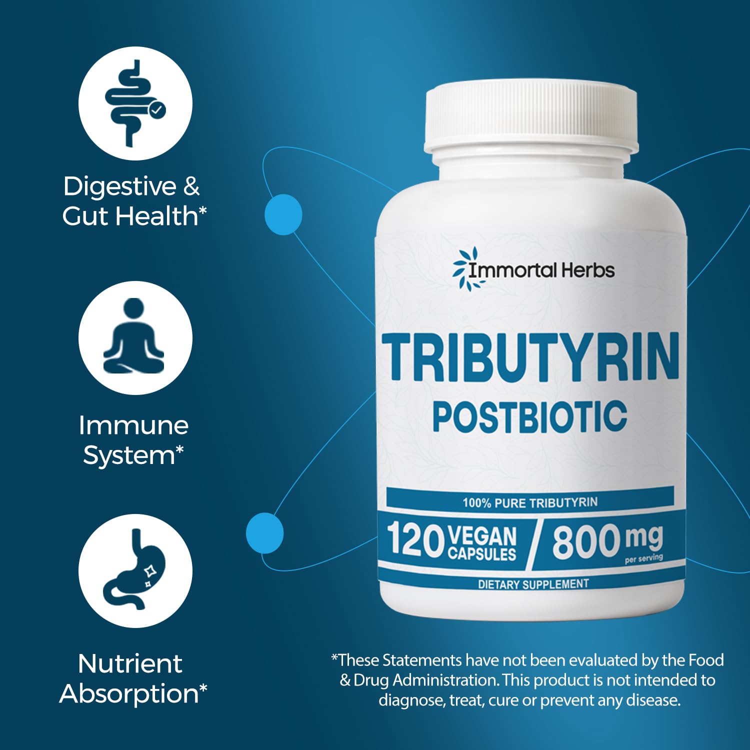 Immortal Herbs Tributyrin Supplement 800mg, Advanced Butyrate Form, 55% Standardized, More Effective Delivery Than Sodium Butyrate, 120 Capsules, Non-GMO & Gluten Free Postbiotic Supplement Immortal HerbsAu supplements