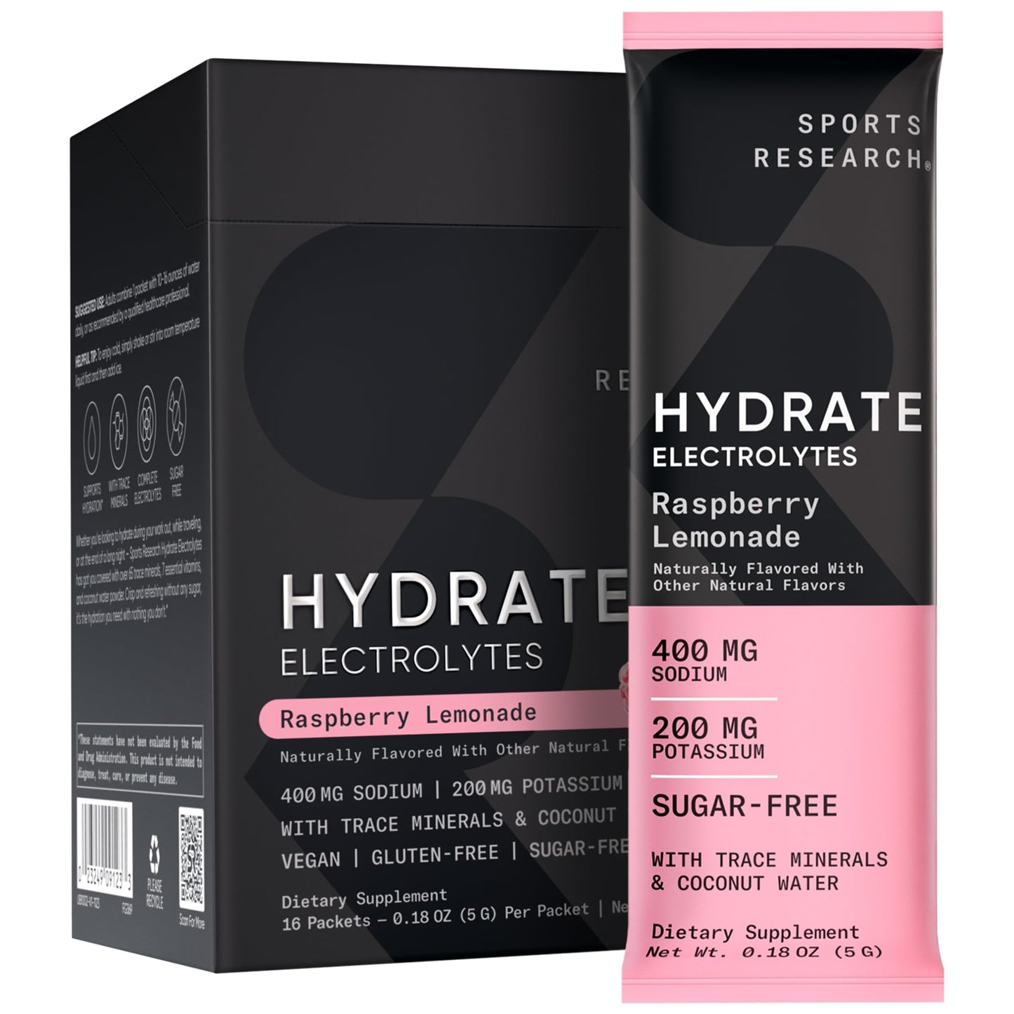 Sports Research Hydrate Electrolytes Powder Packets - Sugar-Free & Naturally Flavored Sports ResearchUS supplements