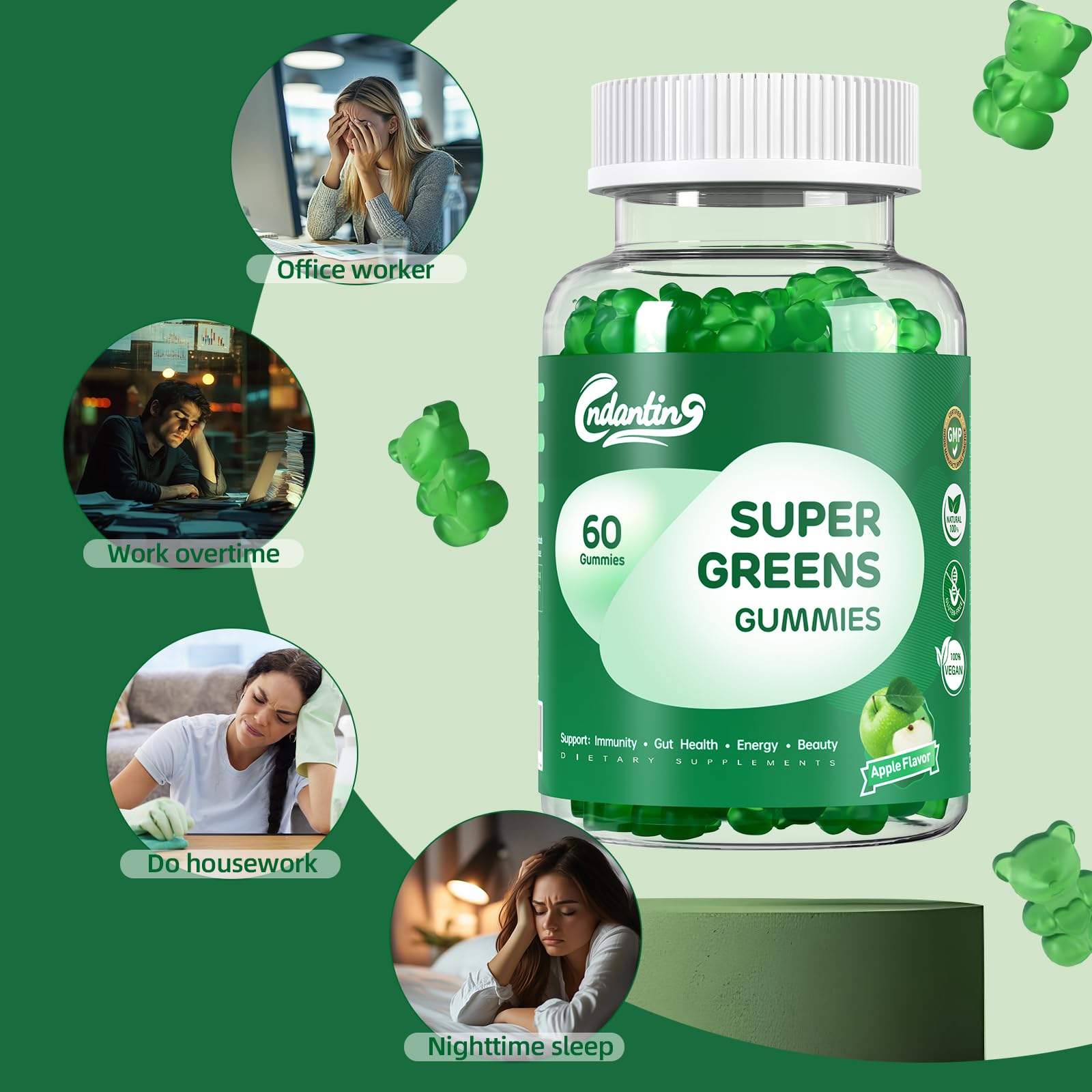 Multivitamin Super Greens Gummies - Daily Vegan Gummy Vitamins for Women, Apple Flavor | Organic Blend with Vitamin C, Turmeric, Zinc, Immune Support, Energy Booster, Metabolism | 60 Count CNDANTINGAu supplements