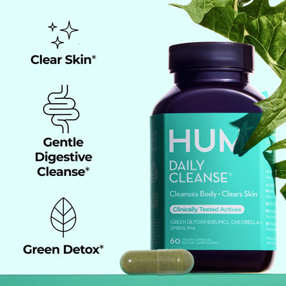 HUM Daily Cleanse Acne Supplements for Women & Men, Gentle Digestive Cleanse for Clear Skin Support, Zinc, Spirulina, Chlorella, Detoxifying Herbs, Organic Algae, Skin Vitamins Supplement, 60 Capsules HUMUS supplements